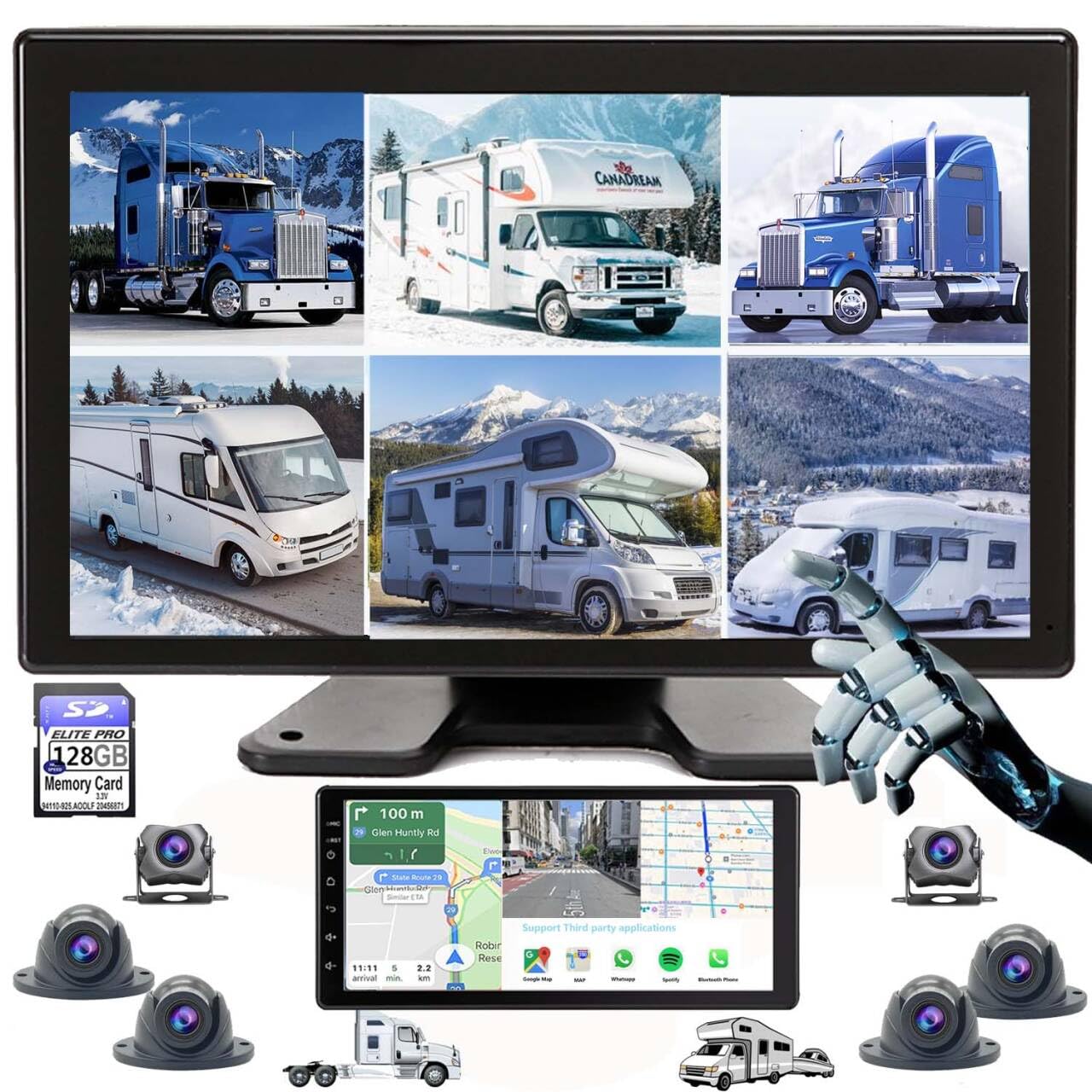 6 Split Backup Camera Built-in DVR GPS Navigation Car Stereo with Carplay 128GB Large 1080P Image 10.36 Inch Monitor for RV Truck Trailer Rear Side Front View Wired System AGPS6