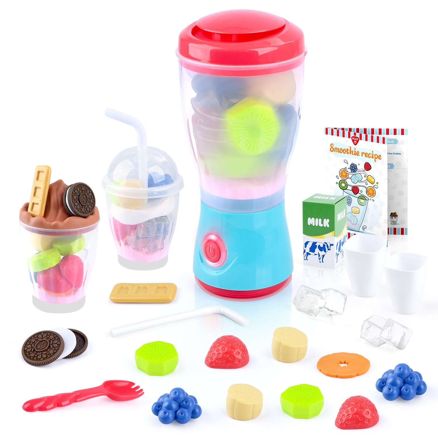 PLAY Smoothie Maker Toy Blender Set - 27 Pcs Pretend Play Kitchen Appliance for Kids with Realistic Action, Light and Sound, Play Toy Food Fruits and Cookies, Toy Mixer Birthday Gift for Kids Ages 3+