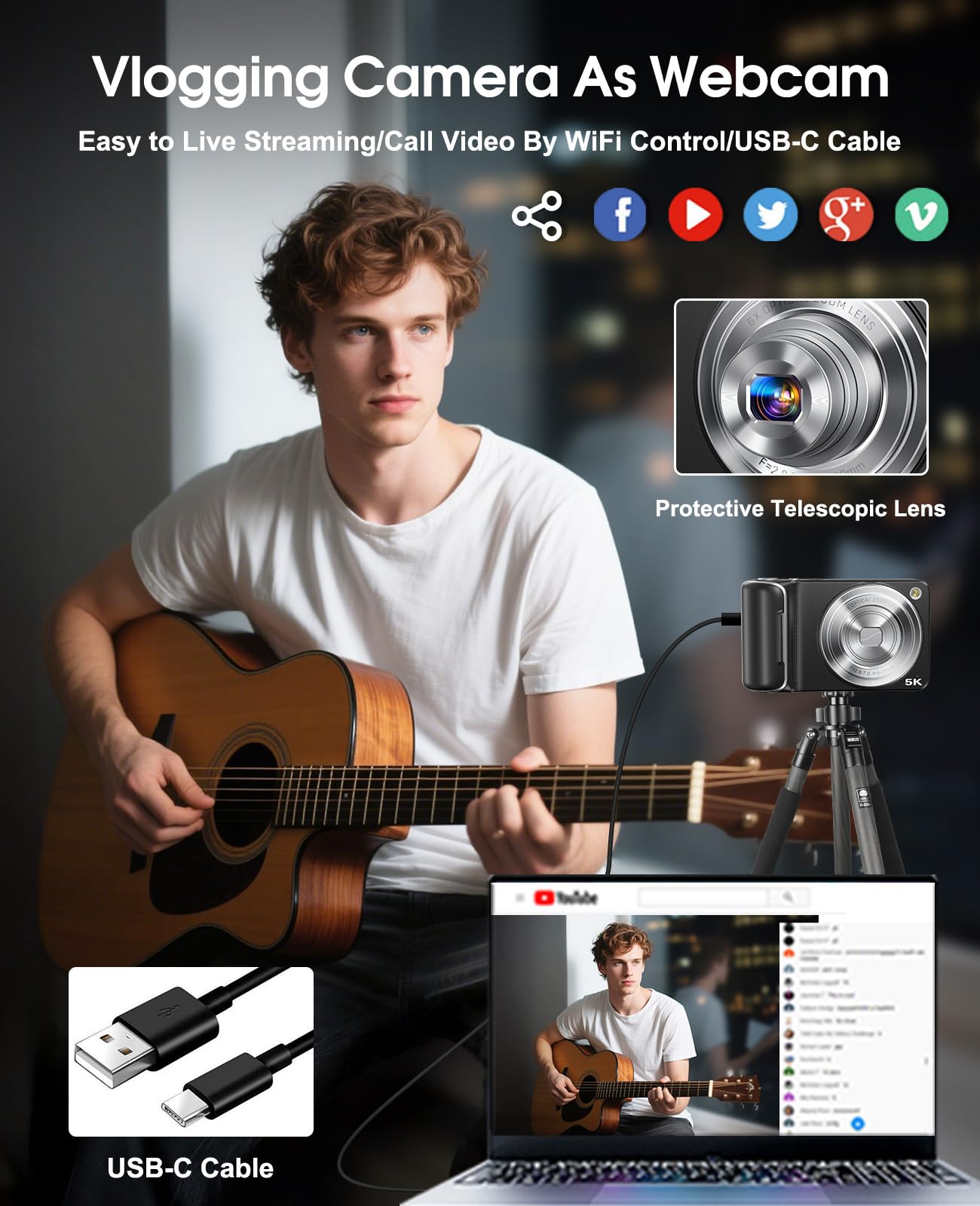 5K Digital Camera for Photography, 64MP Touchscreen WiFi Camera with Autofocus 6X Optical & 16X Digital Zoom, Dual-Lens Vlogging Camera for YouTube Video Anti-Shake, Travel Compact Camera with Flash