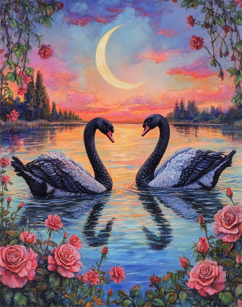 Henypt Stamped Cross Stitch Kits -Two Black Swans Colorful Printed Easy Pattern Needlepoint Kits Embroidery Crafts for Adults Beginners Gift