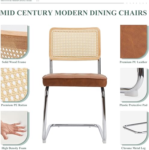 Miniatura 5 de COLAMY Juego de 2 sillas de comedor de ratán, de piel sintética, modernas de mediados de siglo, sillas auxiliares de comedor y cocina con patas