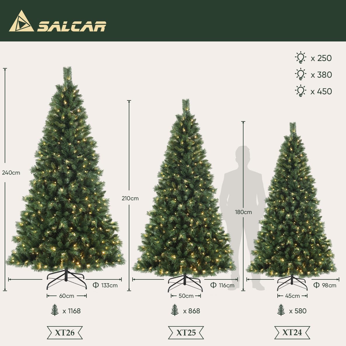 SALCAR Sapin de Noël Artificiel Lumineux 210cm, Arbre de Noel avec 380 LED, 868 Pointes de Branche, Gants et Pieds de Sapin de Noël en Métal, Lgnifuge, Assemblage Rapide
