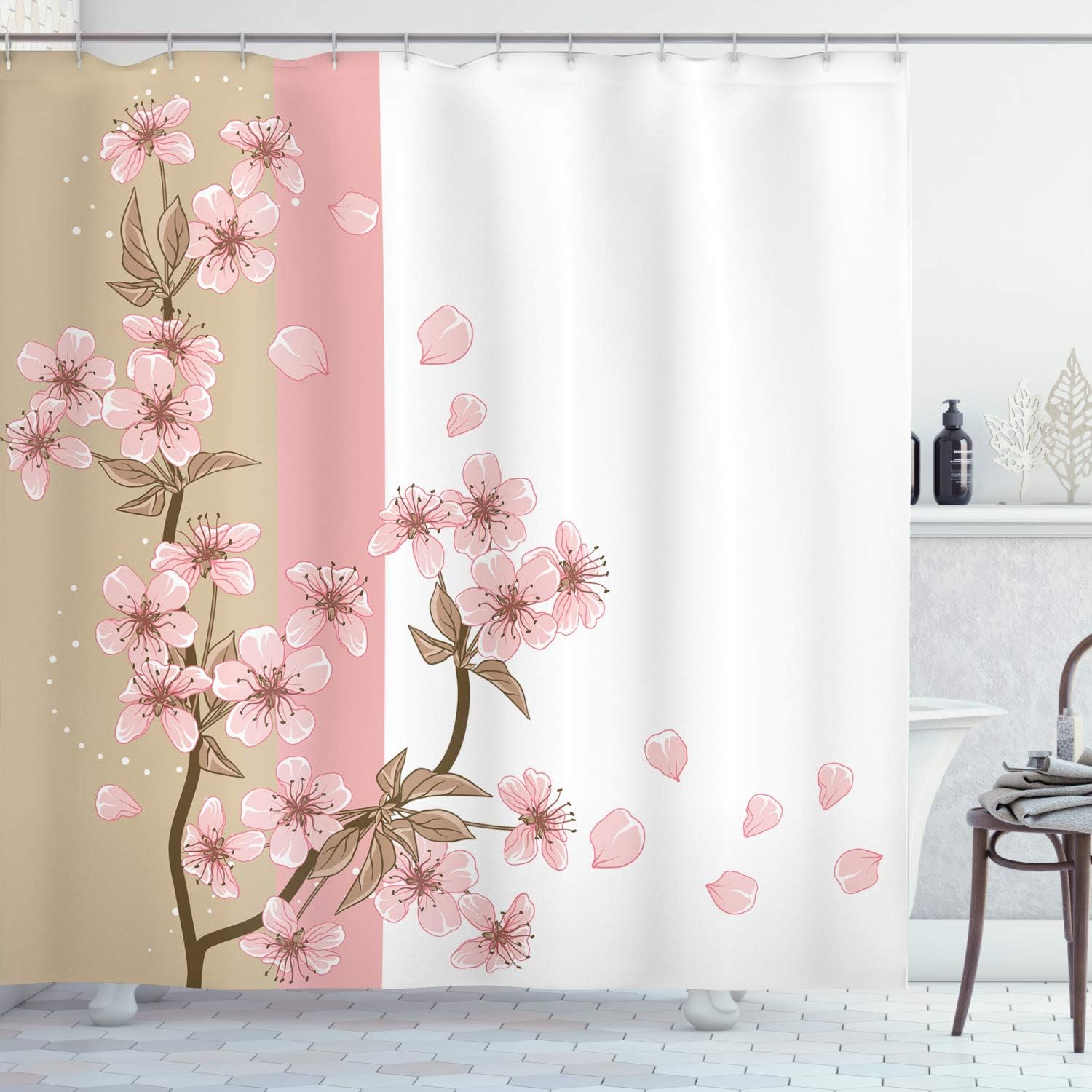 Japanese Shower Curtain,Romantic Sakura Blooms Flowers Petals Spring Wind Eastern Nature Theme,Cloth Fabric Bathroom Decor Set with Hooks 72x72inch