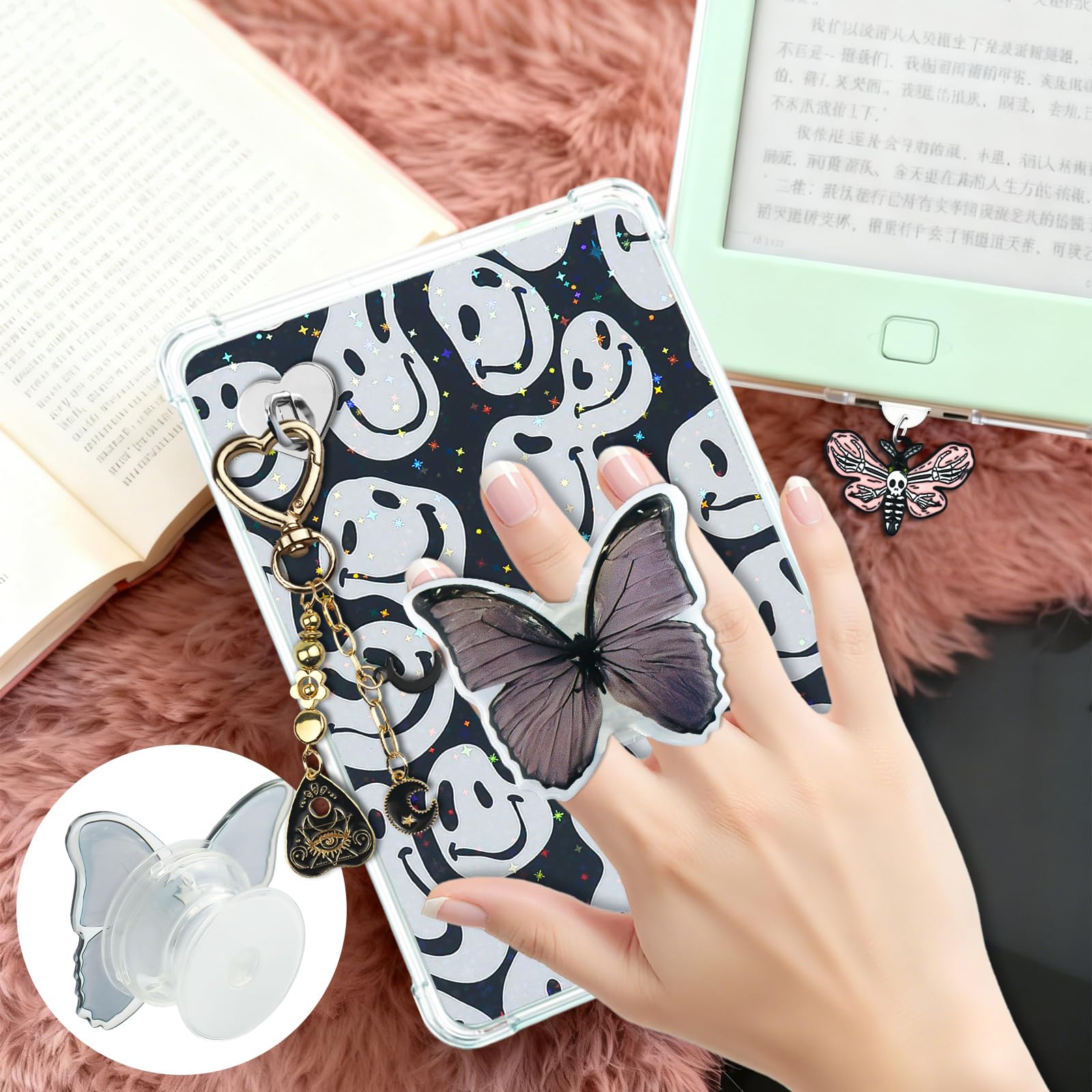 Bonito juego de tarjetas de inserción para Kindle, 6 diseños temáticos de libro con dijes para Kindle y tapones antipolvo USB-C, para 11ª/12ª generación, 6.8 x 4.8 pulgadas (negro 2)