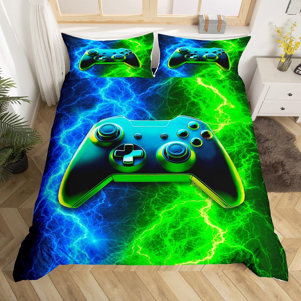 Modern Gamer Duvet Cover Set Single Size, Blue-Green Lightning Gamepad Comforter Cover with 1 Pillowcase, Video Games Bedding Set 2pcs for Kids Boy Room Decor Gaming Reversible Bedspread Cover