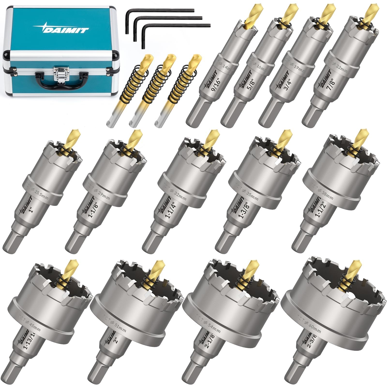DAIMIT Kit seghe a tazza TCT 19 pezzi, Ø 14–60 mm Seghe a tazza in carburo di tungsteno resistenti per metallo, acciaio inossidabile, ferro, legno e plastica, con 3 punte pilota rimovibili e 3 chiavi