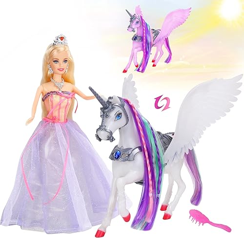 BETTINA Unicornio que cambia de color, muñeca de princesa de 11.5 pulgadas con vestido de arcoíris, melena de Pegaso que cambia de color bajo la luz