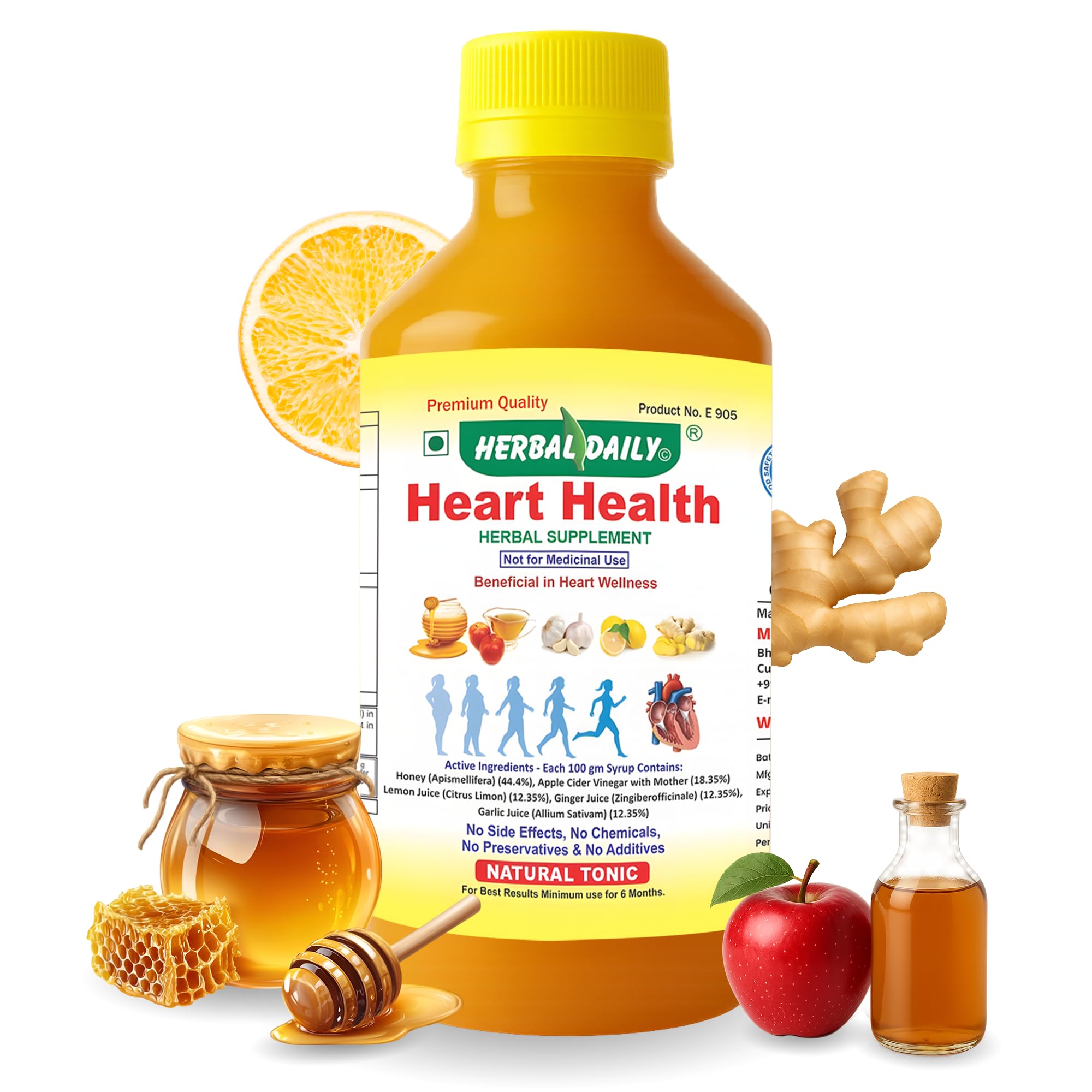 Heart Health 400 ml Dietary Supplement - Supports Heart Wellness and Lowers Cholesterol - Apple Cider Vinegar (ACV), Garlic Juice, Ginger, Lemon, and Honey - 1 Bottle
