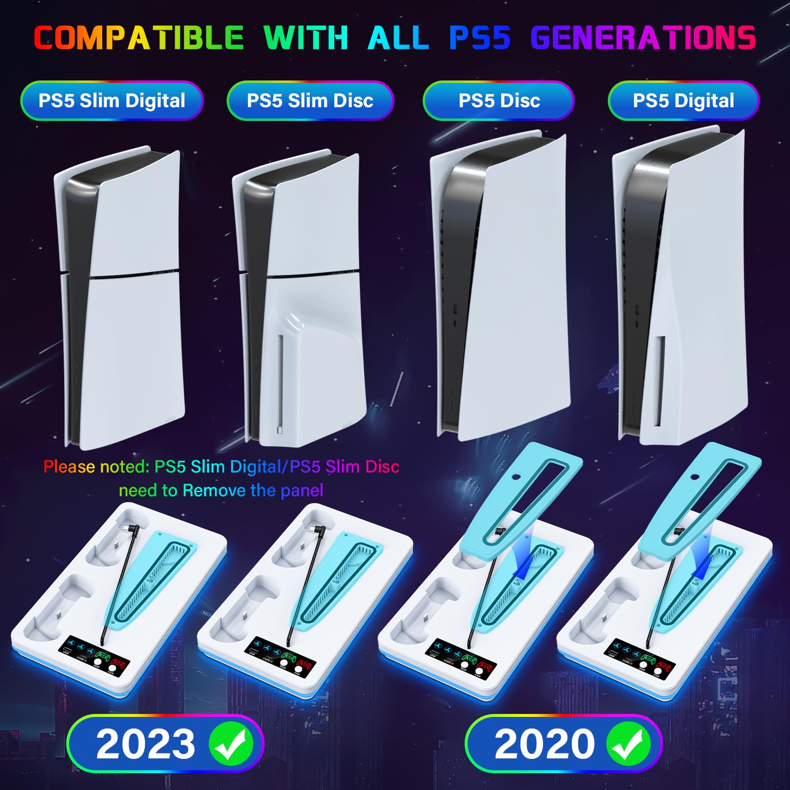 Estación de refrigeración para PS5 Slim Stand, Dual PS5 Controller Charger Station para consola Playstation 5, ventilador de refrigeración de 3 niveles para PS5 Slim Disc/PS5 Disc y digital, soporte