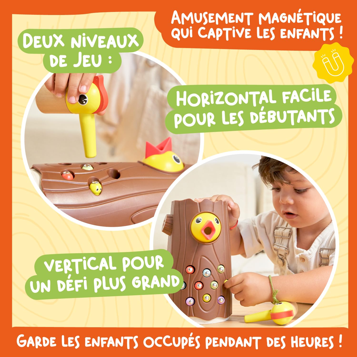 Nene Toys Petit Pic-vert, Jouet Magnétique pour Enfants 2 Ans – Jeu Éducatif en Bois pour Tout-Petits, Améliore la Motricité Fine et la Reconnaissance des Couleurs – Cadeau pour Garçons Filles 2 3 Ans