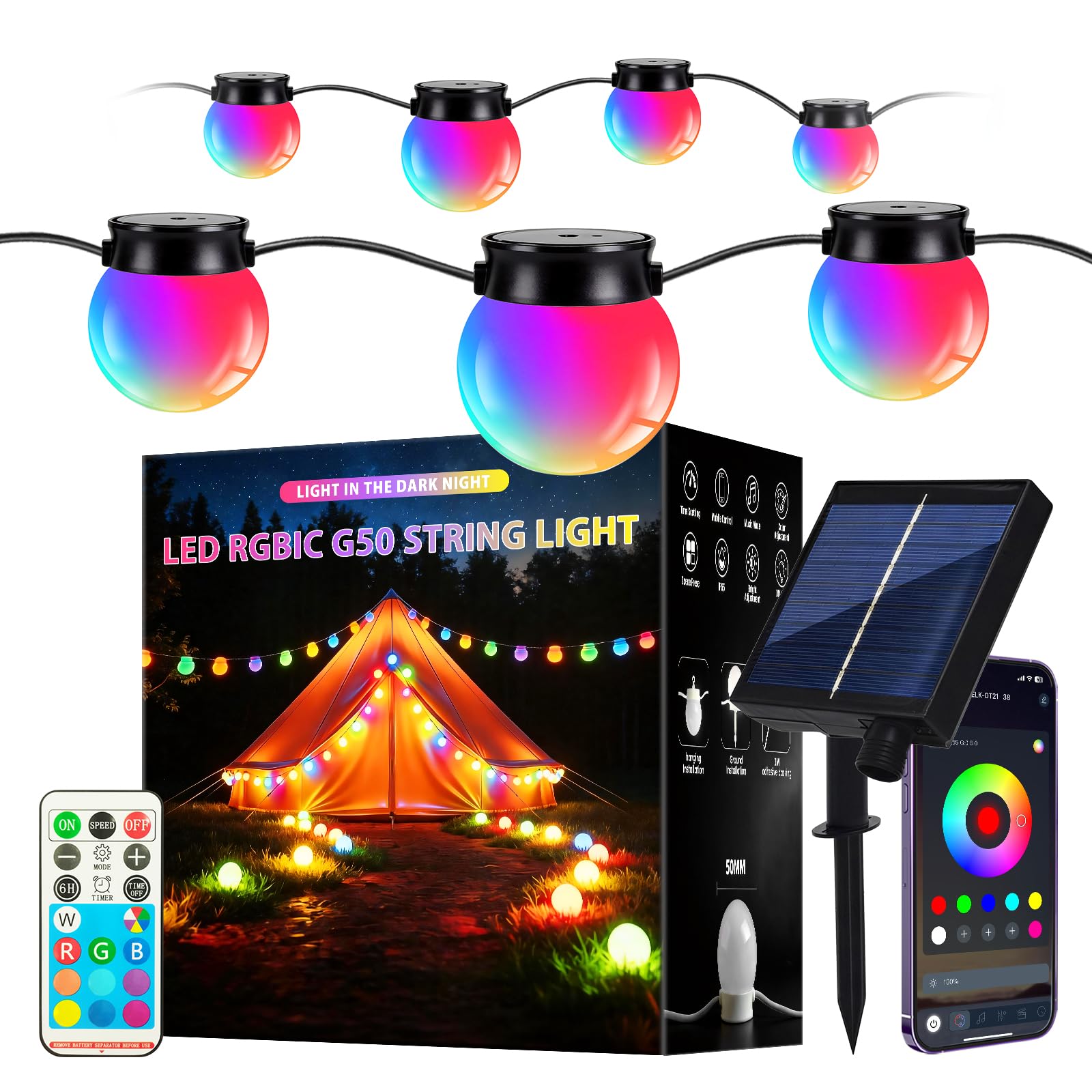 RGBIC - Catena luminosa a LED per esterni, a energia solare, 10 m, con 16 modalità di scena, dimmerabile, funziona con telecomando APP, illuminazione per giardino, balcone, gazebo, terrazza, feste
