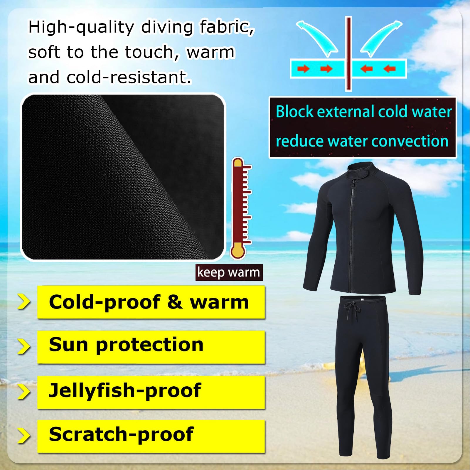 TOVCHEI Water Sports Wetsuit 1.5Mm Neoprene Split Diving Suit Long-Sleeved Trousers Warm Cold-Proof Snorkeling Surfing Suit,Tops,M