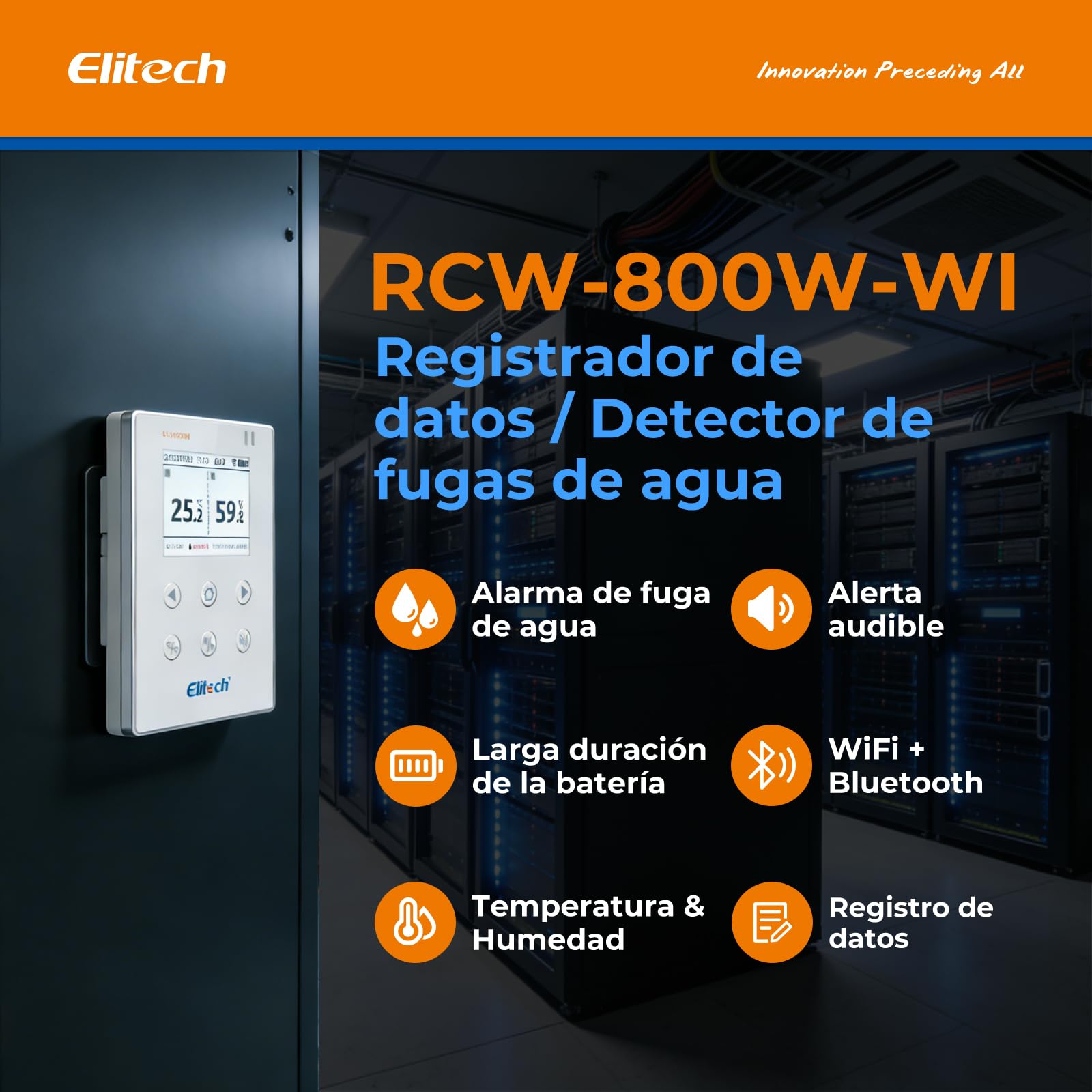 Elitech Registrador de datos WiFi en tiempo real de 2,4 G/5 G Hz para temperatura y humedad con detector de fugas de agua, almacenamiento de datos en la nube, alarmas SMS/correo electrónico/aplicación