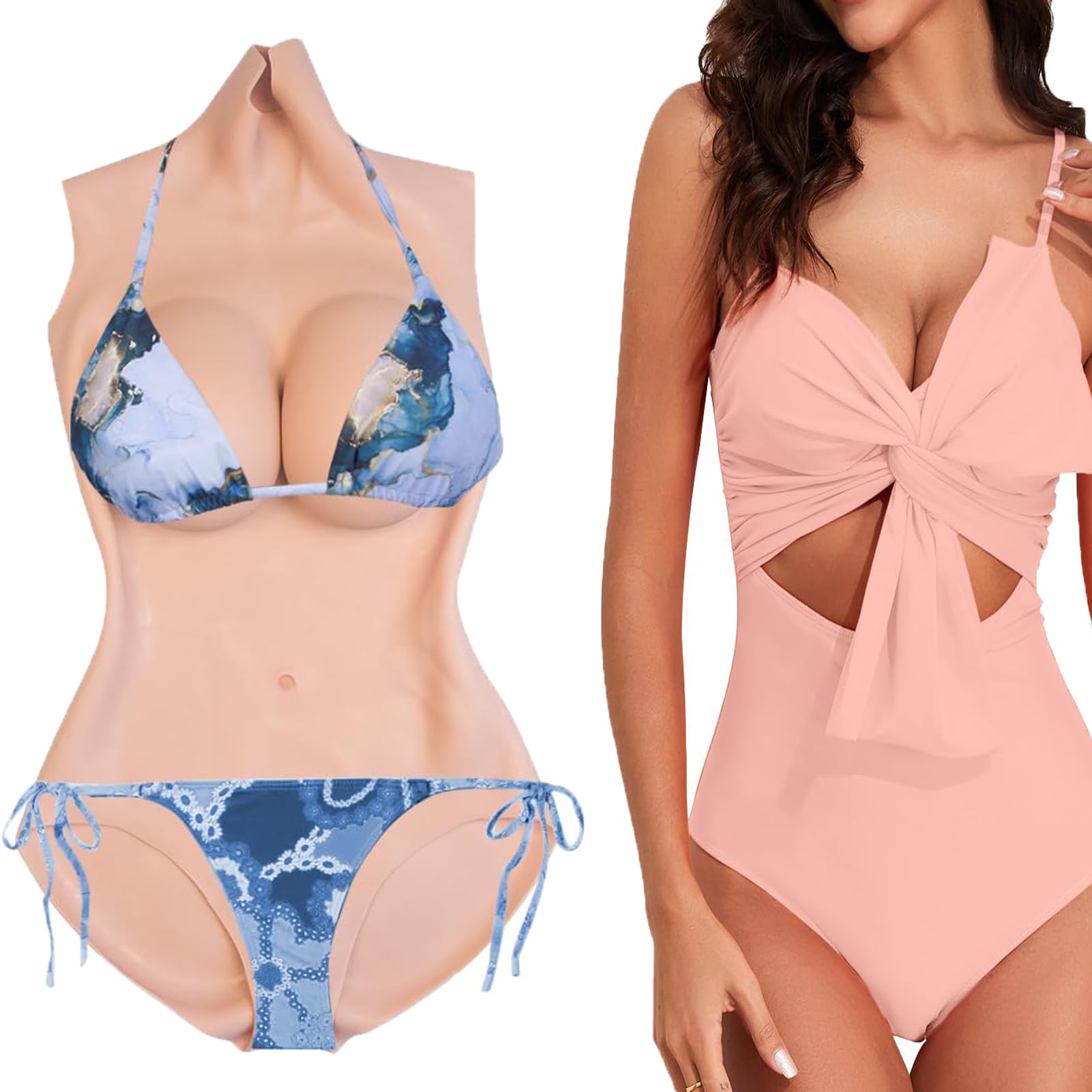 SooTTBECross-Dresser Triangle Silicone Bodysuit Silk Cotton Filling D Cup Breast Forms Fake Breastplate with Hiding Clothes