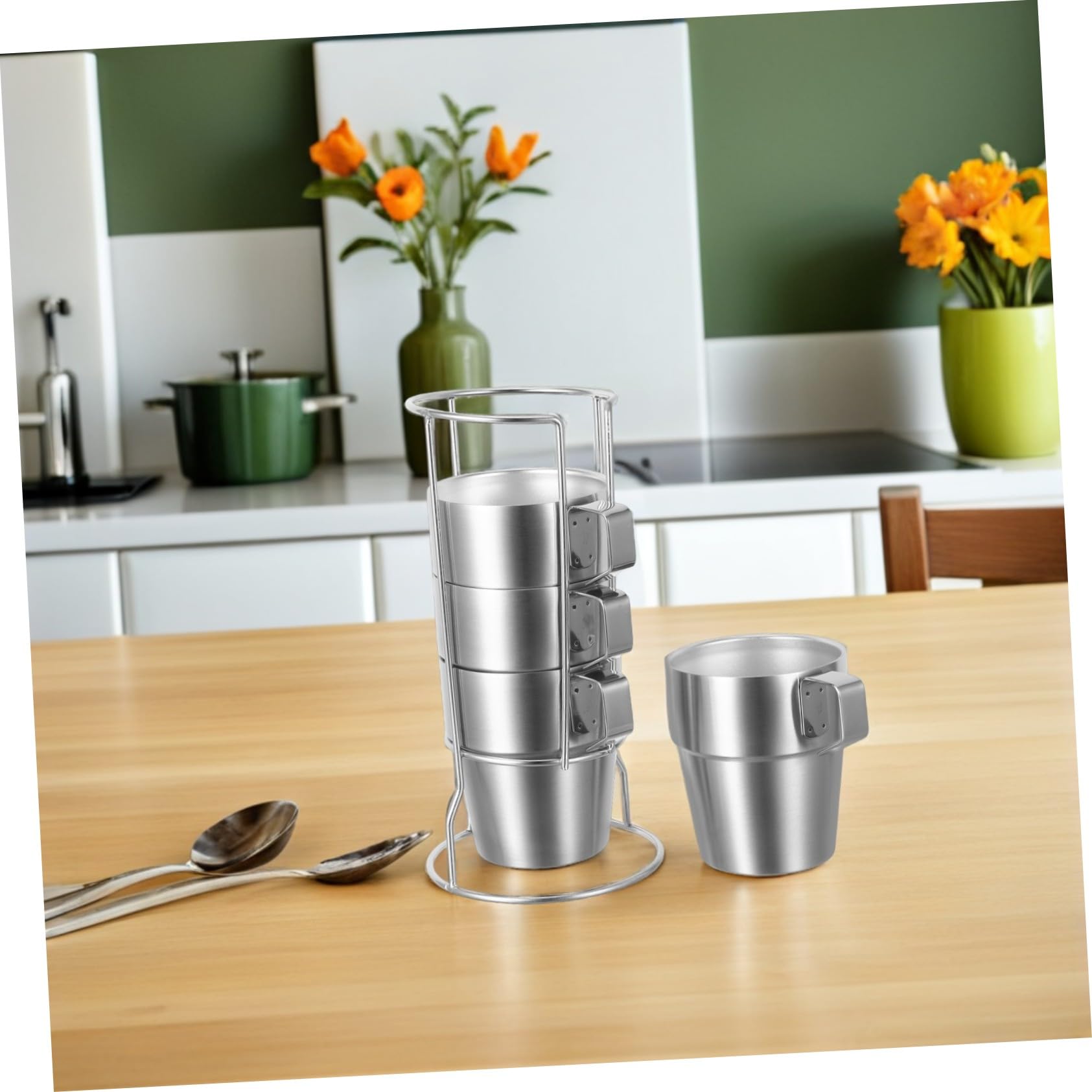 Healifty Tazas Apilables de Acero Inoxidable con Doble Pared y Aislamiento Térmico con Asa y Soporte para Camping Té Café y Bebidas Frías Tazas Infantiles Antitérmicas