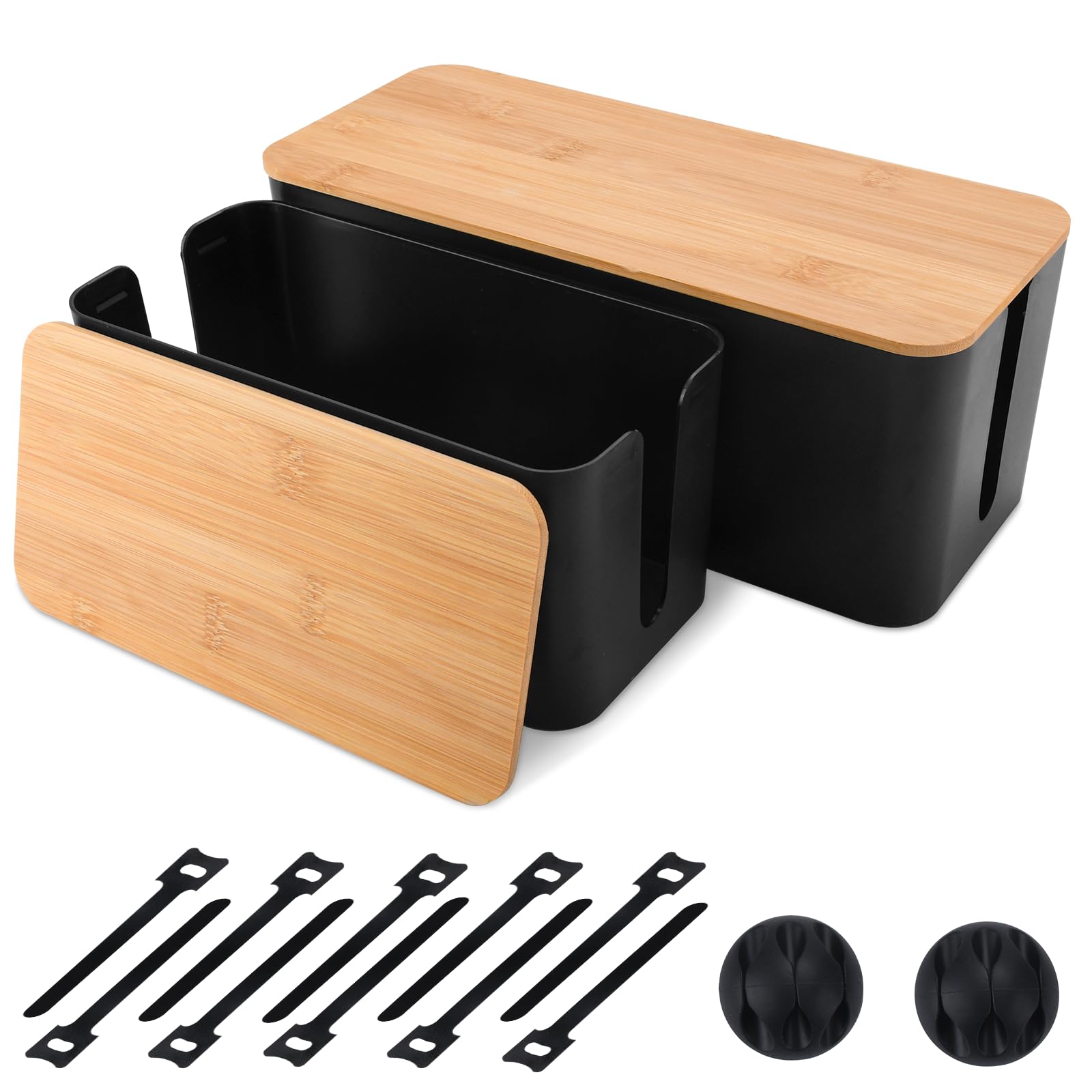 Lot de 2 Boite Rangement Cable, Cable Management, Organisateur de Cable, Boite Cache Cable - Bambou Écologique, Cache Cable & Multiprise pour Bureau et Maison - sans Perçage
