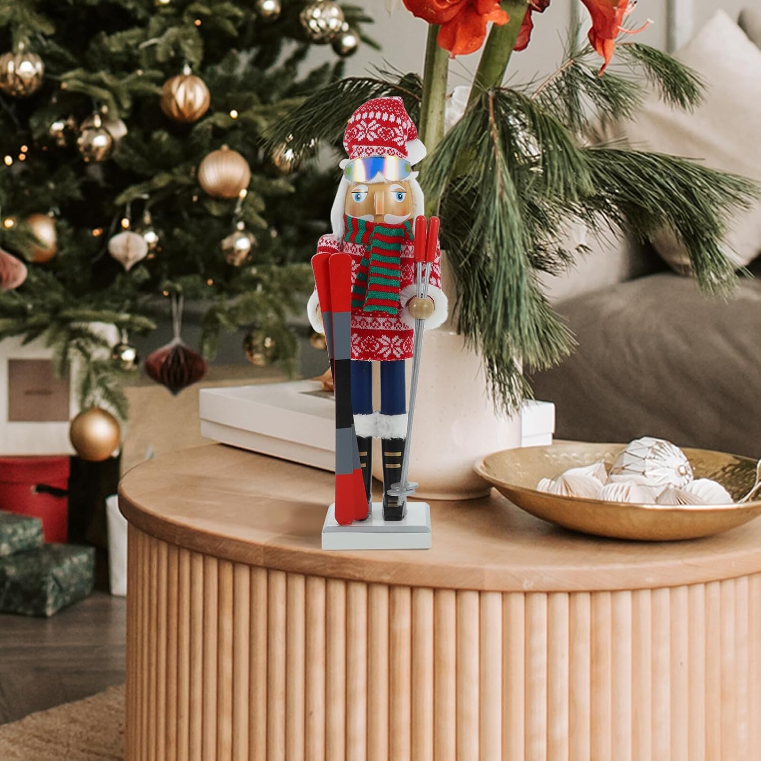Wooden Nutcracker Soldier Figurine 38cm Striped Scarf, Skiing Boy Christmas Nutcrackers Decoration for Holiday Table and Desktop Display