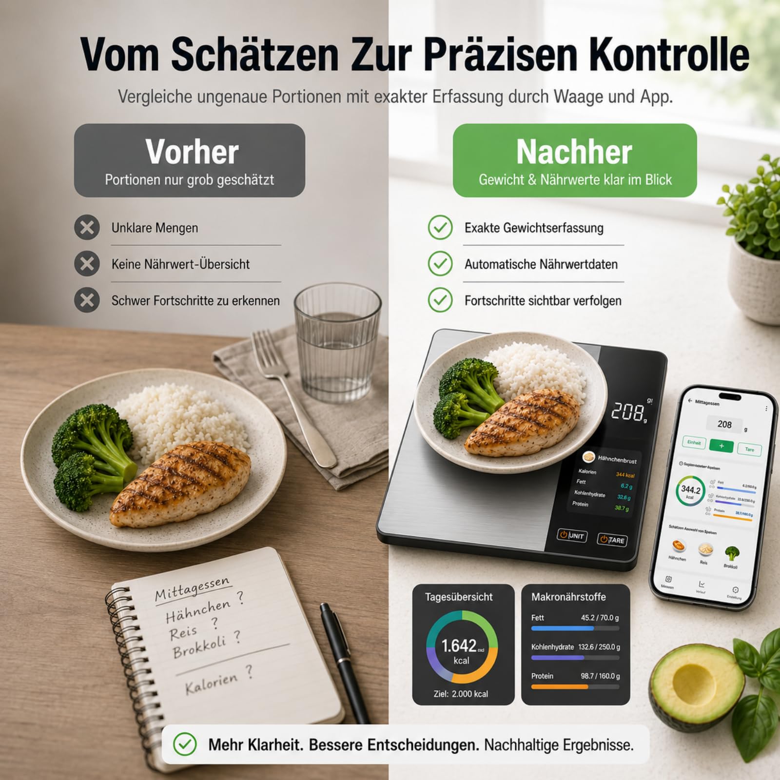 Smartvita Küchenwaage Kalorienwaage, Kompakte Küchenwaage mit Kalorienzähler Bluetooth App Für Küche Haushalt Diät