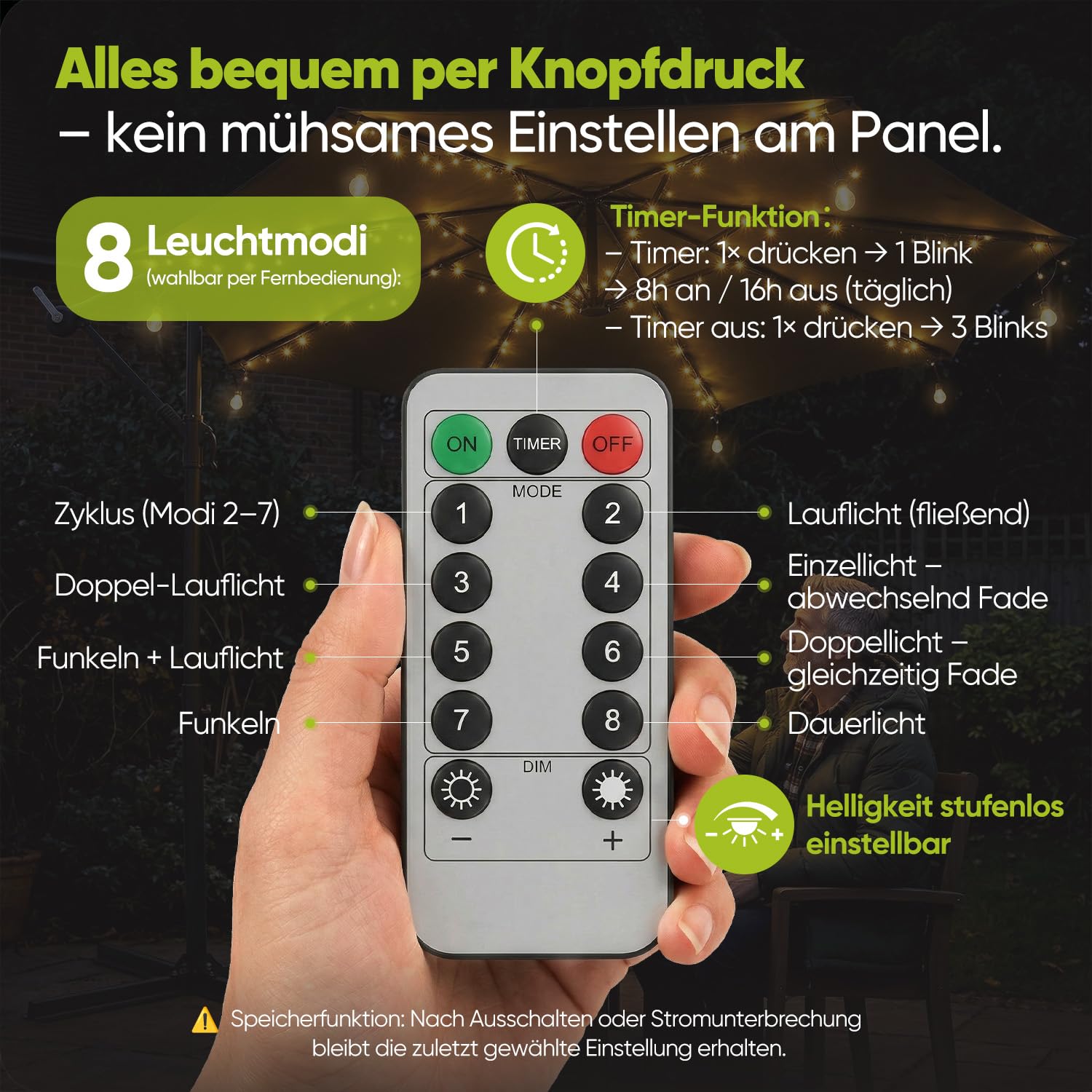 Sekey Luz para Sombrilla Solar con 136 LEDs y 8 Bombillas, Cadena de Luces para Sombrilla, Válida también para Parasol Excéntrico, 8 Modos + Mando a Distancia, para Patio, Exterior