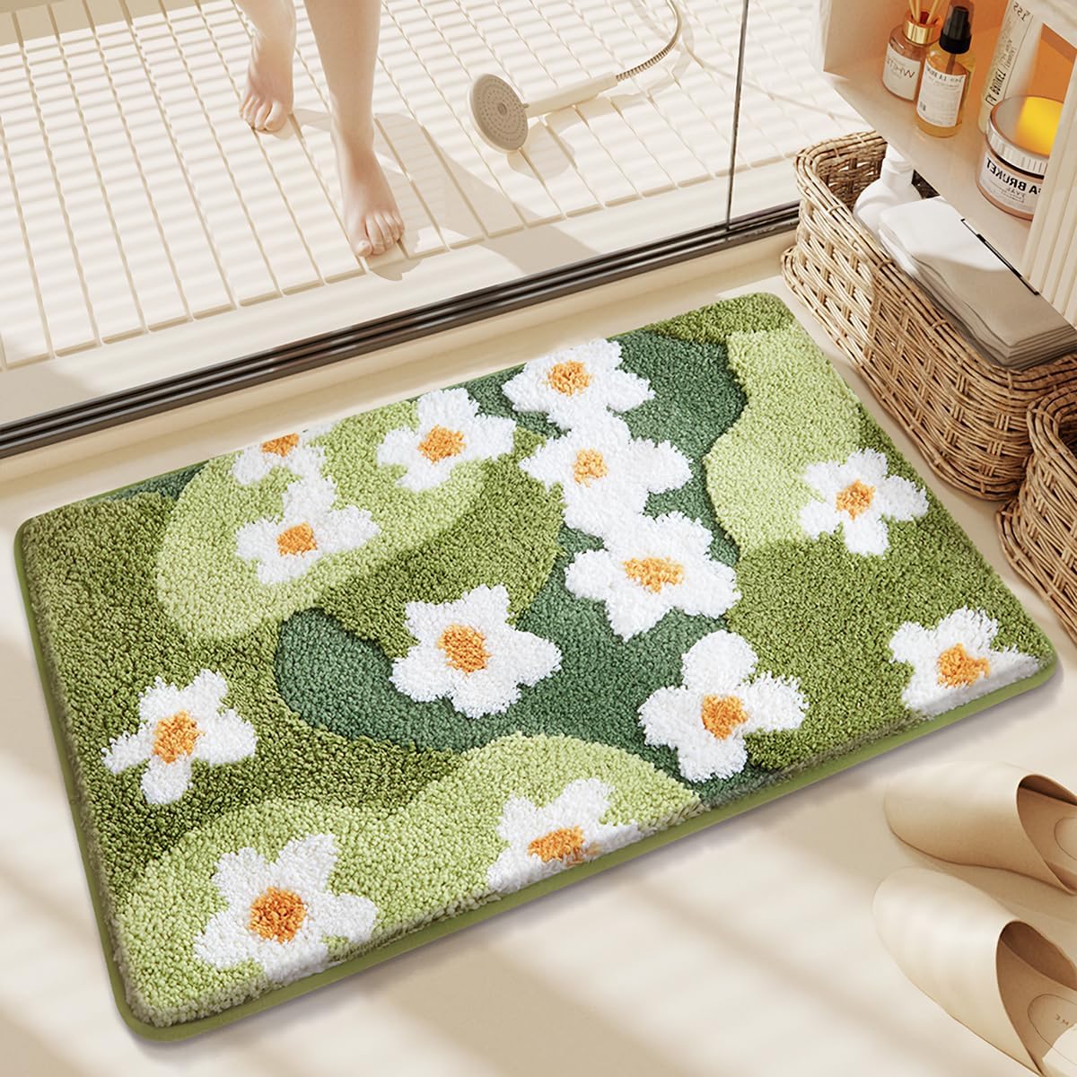 Plants Bathroom Mat Cute Absorbent Bath Rug Non Slip and Machine Washable Bath Shaggy Carpet for Kitchen, Bedroom and Living Room (Green Lawn, 23"x16"