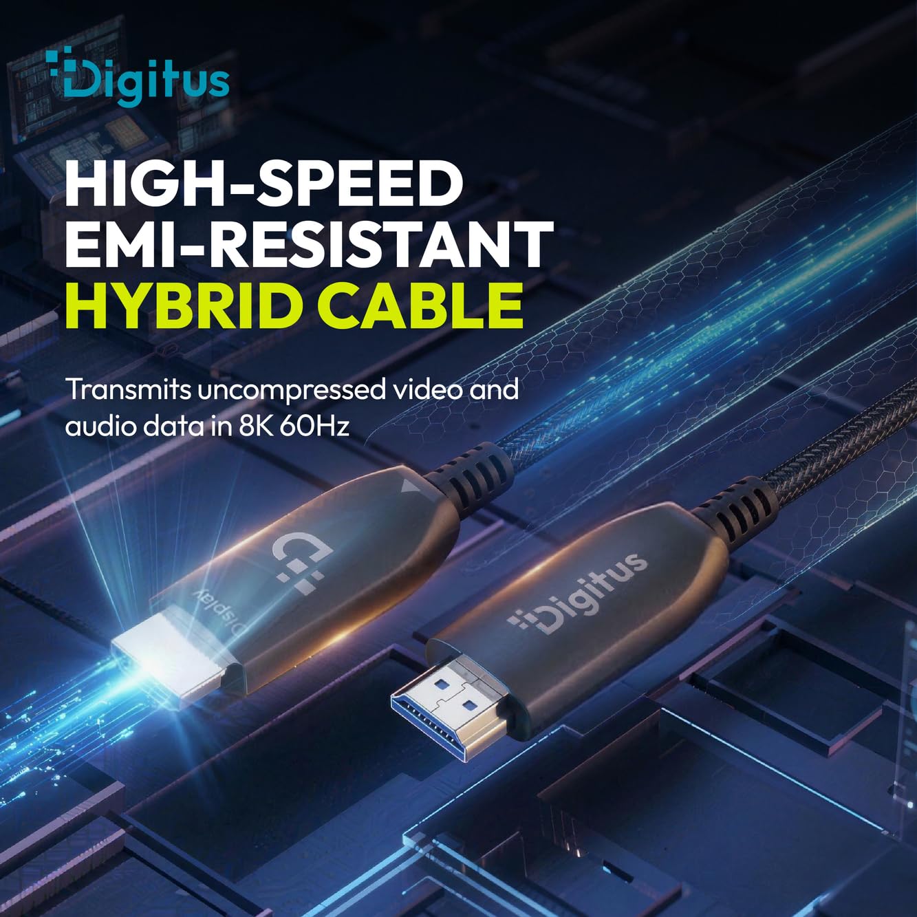 DIGITUS Cable HDMI de fibra óptica – 100 m – UHD 8k 60 Hz 4k 120 Hz | HDMI 2.1 – 48 Gbps – eARC, HDR, HDCP 2.2, CEC – Cable híbrido AOC – Cable HDMI de FO – Negro