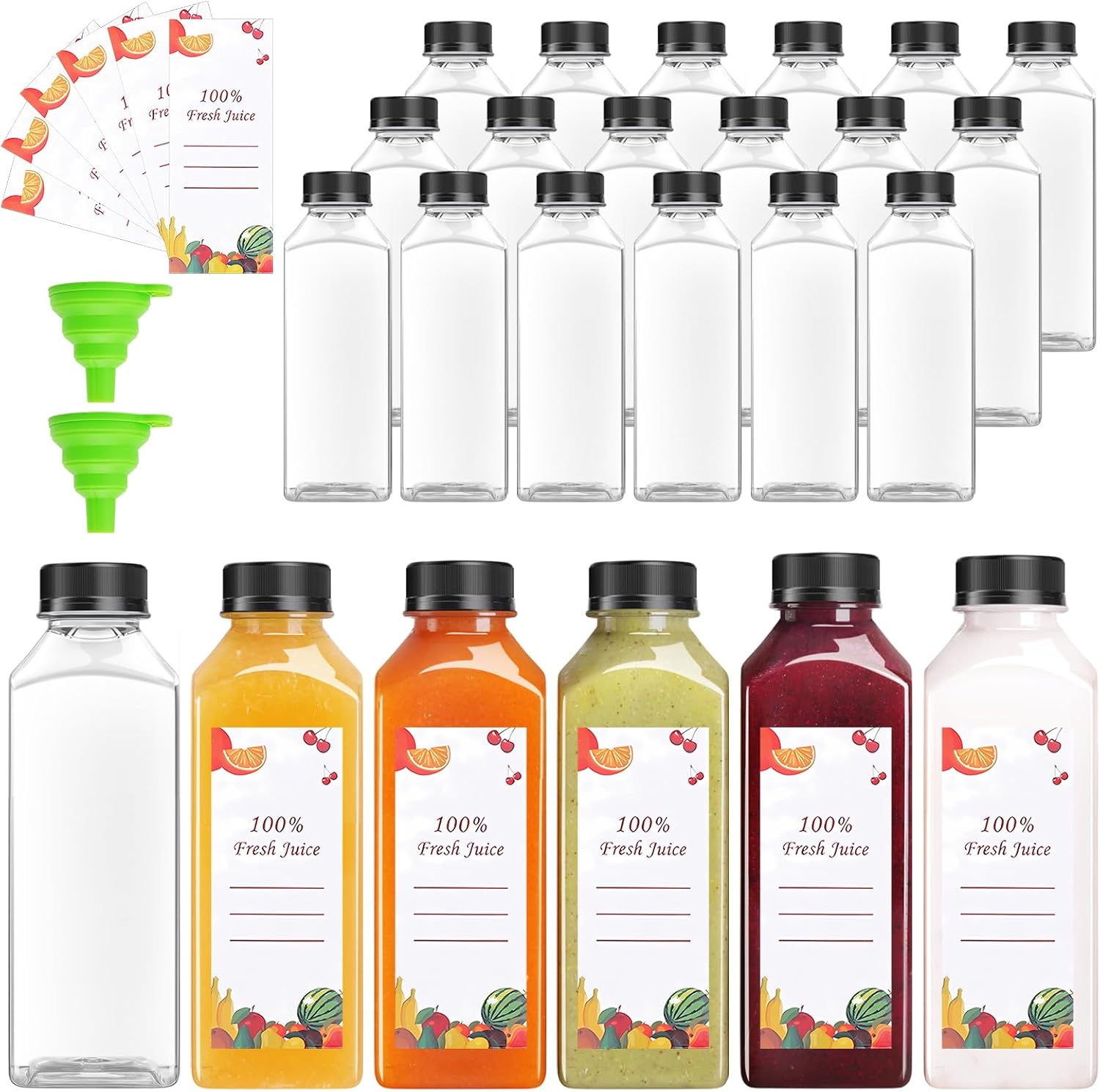 80pcs 16oz Pcs Juice Bottles, Juice Bottle with Caps Reusable Empty Clear Bottles with Label, Funnel, Brush Bulk Beverage Containers for Juicing, Drinking, Smoothie and Other Beverages (16oz)