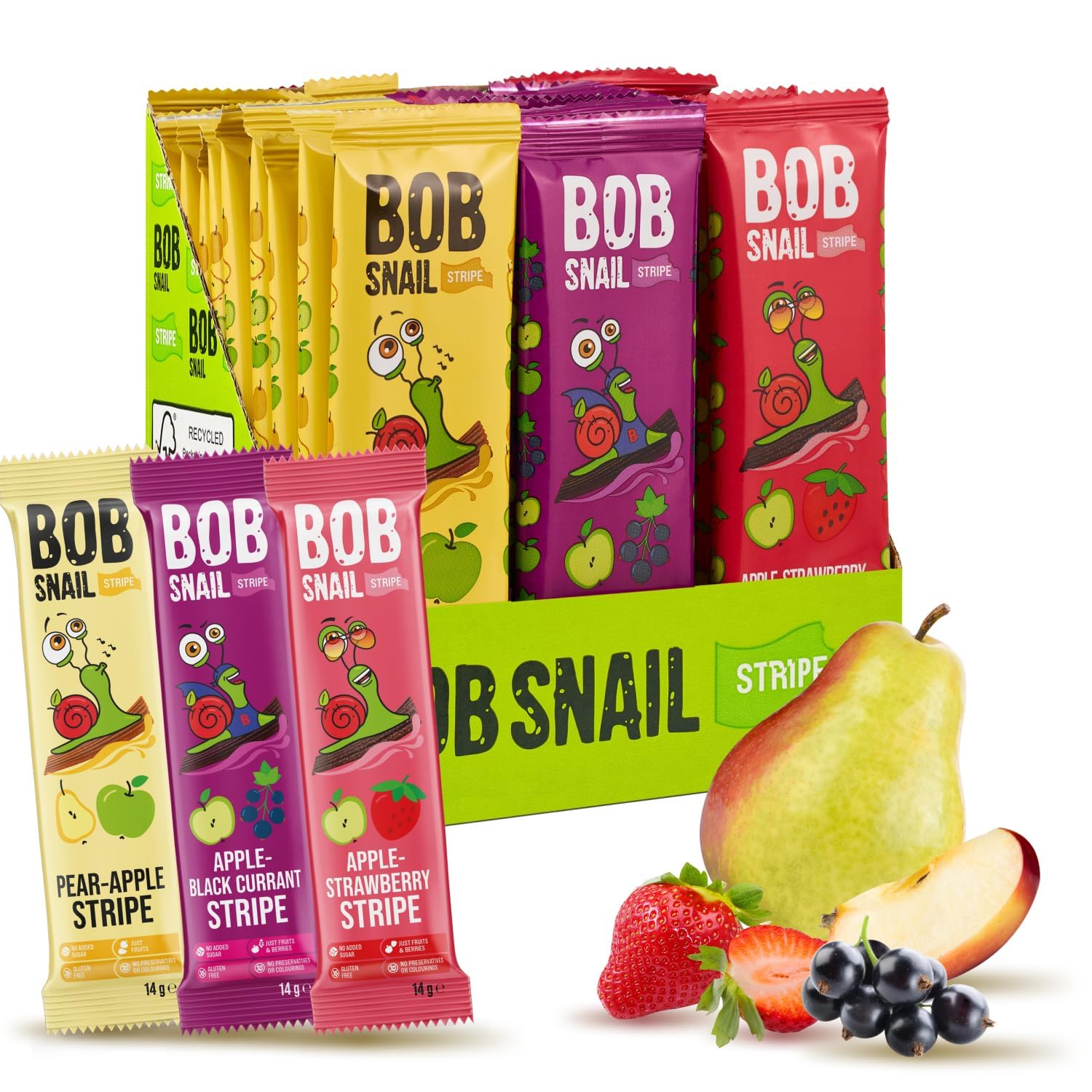 BOB SNAIL Healthy Fruit Snacks for Kids and Adults–30 Fruit Leather Snacks with Apple-Pear, Strawberry, Black Currant–Vegan Low-Carb Variety Pack Strips for Kids–Sugar Free Jerky Bars