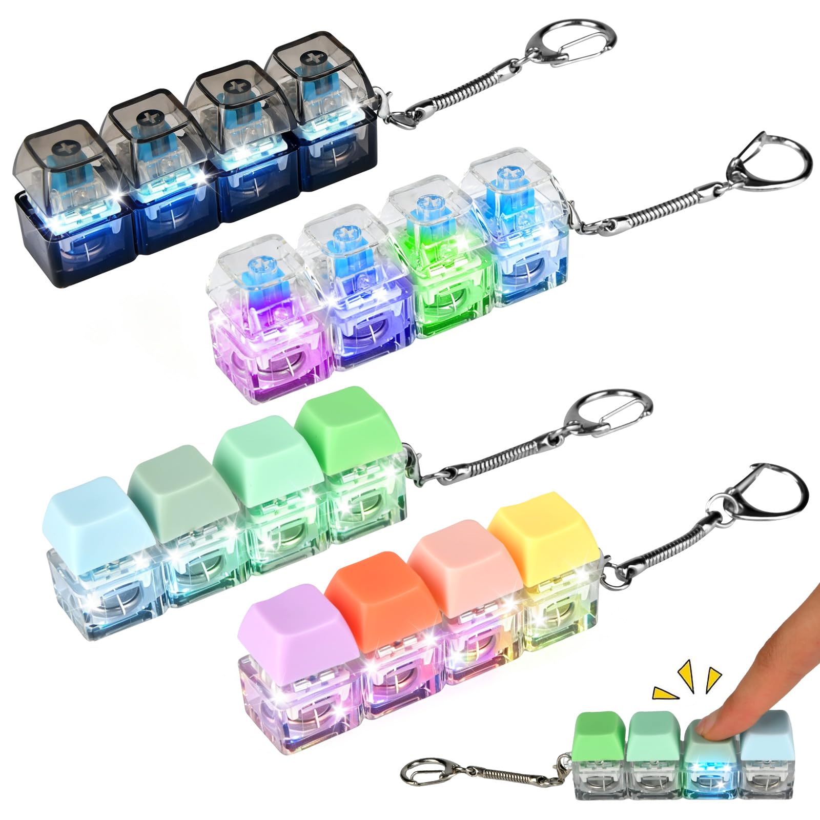 4PCS Keyboard Fidget Toys, Fidget Keyring Button Keyboard, Stress Relief Toys with LED light, Portable Finger Decompression Keyring for Office School (Multicolor)