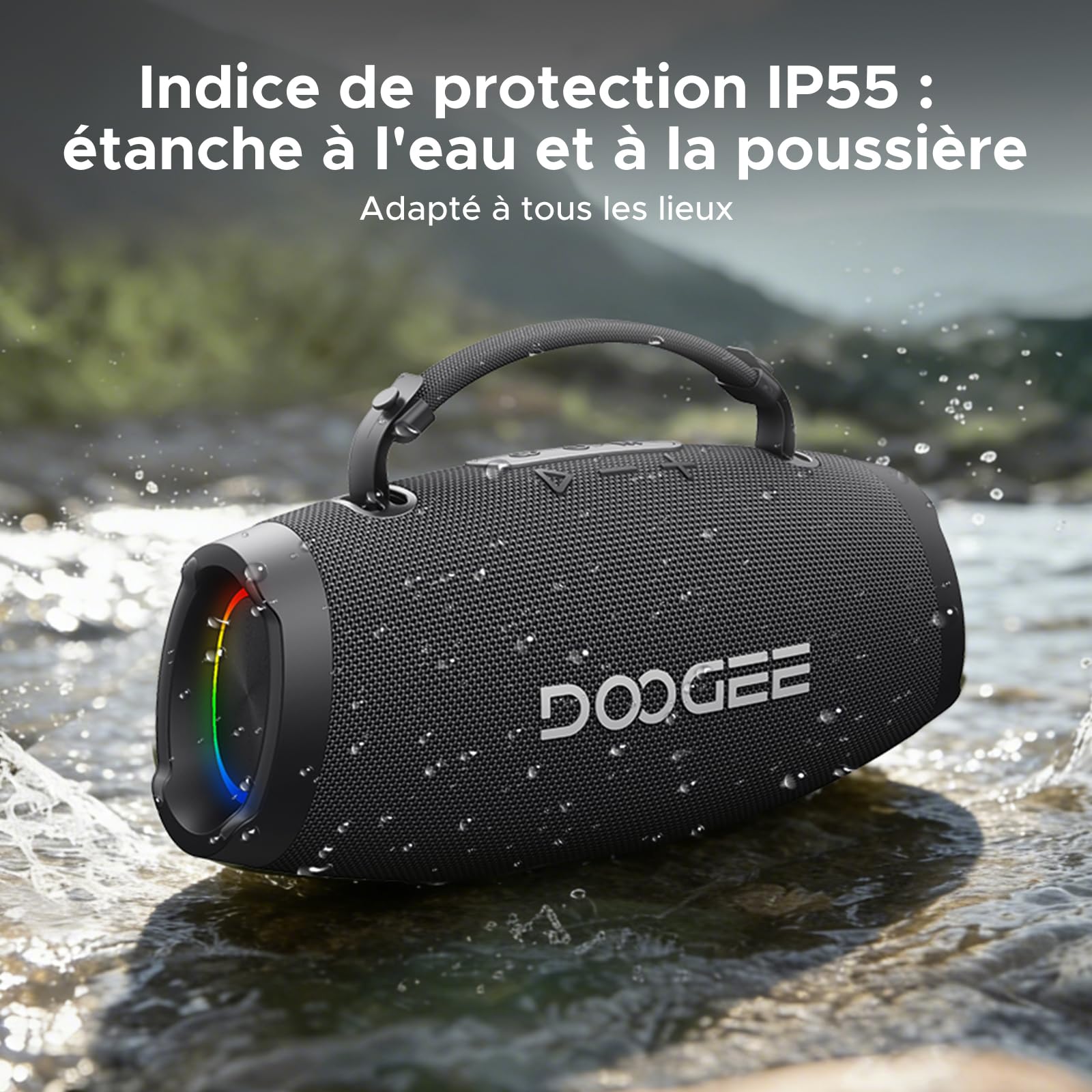 Enceinte Bluetooth Puissante Portable avec Bass Puissantes, 100W Crête, 60W Subwoofer, Deux 20W Tweeters, Autonomie 20H, Lumière RGB, TWS Haut Parleur sans Fil IP55 Étanche pour Fêtes, Piscine - Noir