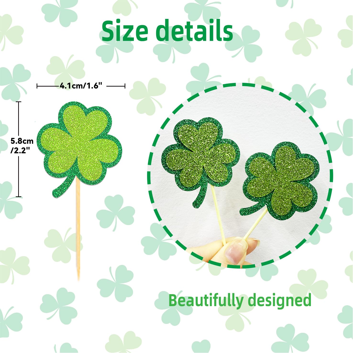 24 Pcs St Patrick's Day Clover Cupcake Toppers - Image 2