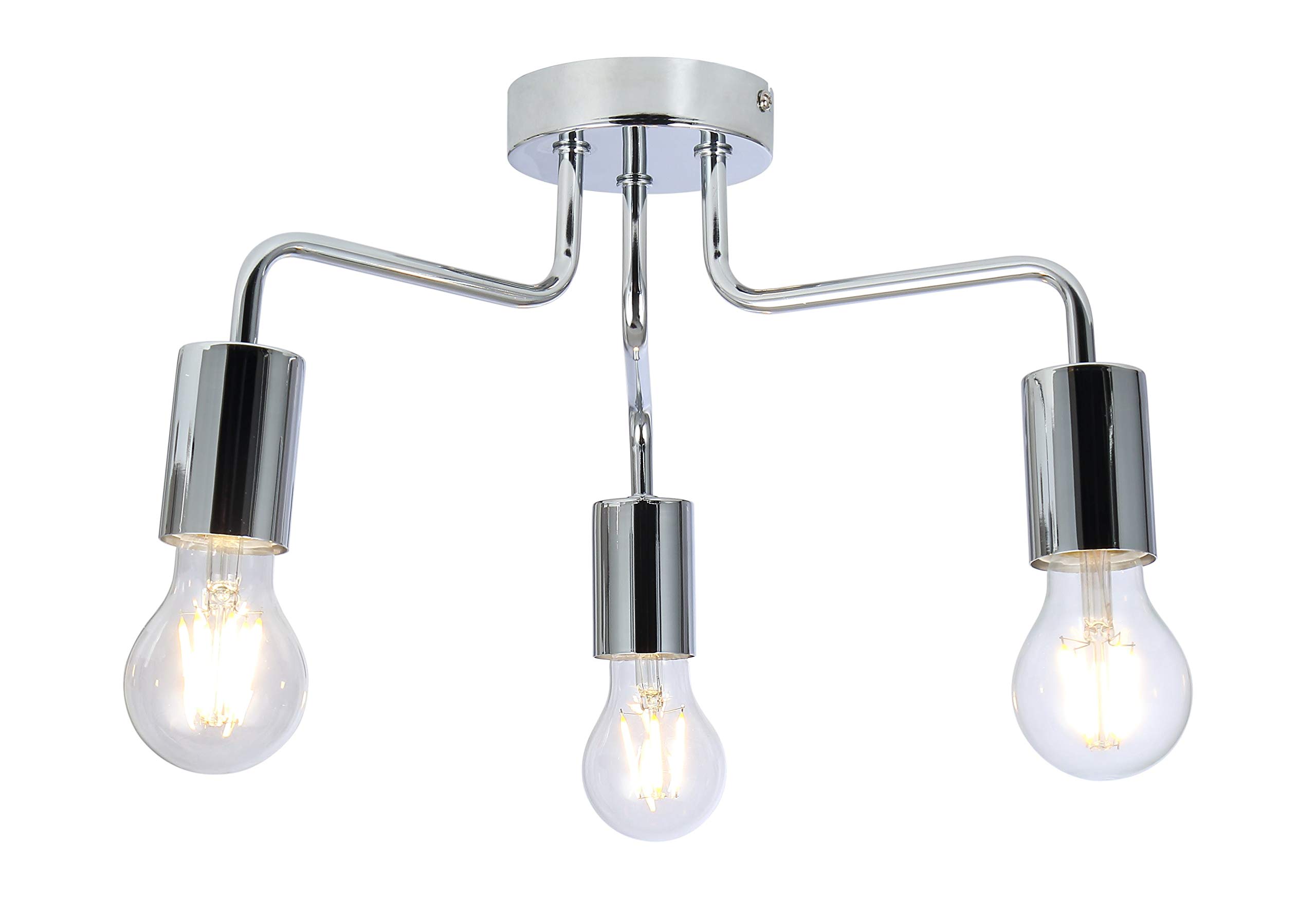 UKEW 3 Way Retro Ceiling Light - Chrome Vintage E27 LED Compatible Semi Flush Arm Lighting Fixtures for Modern Kitchen Bedroom Lounge