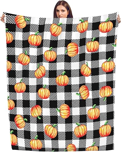 Miniatura 5 de FJPT Manta de otoño de Acción de Gracias, diseño de búfalo blanco y negro con calabazas naranjas, manta de franela de vellón para sofá, cama, sofá,
