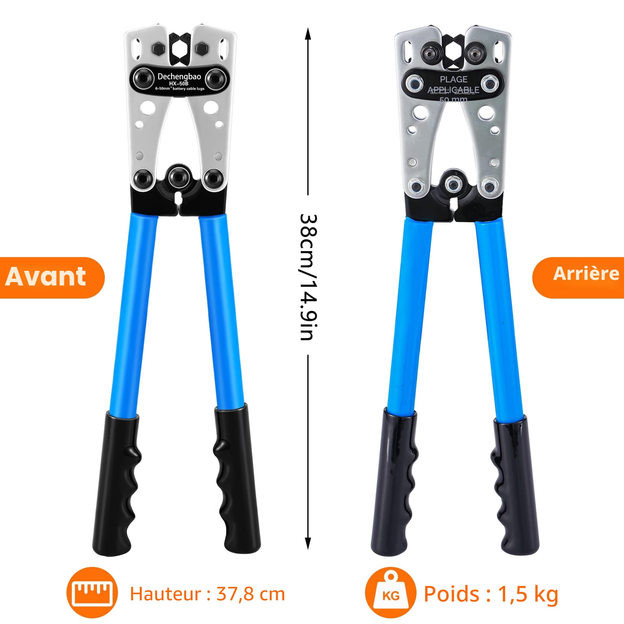 Pince à sertir pour câble de batterie de 6 à 50 mm² (10 à 1 AWG) avec 60 cosses en cuivre, 8 tailles, pince à sertir robuste pour borne de fil de batterie
