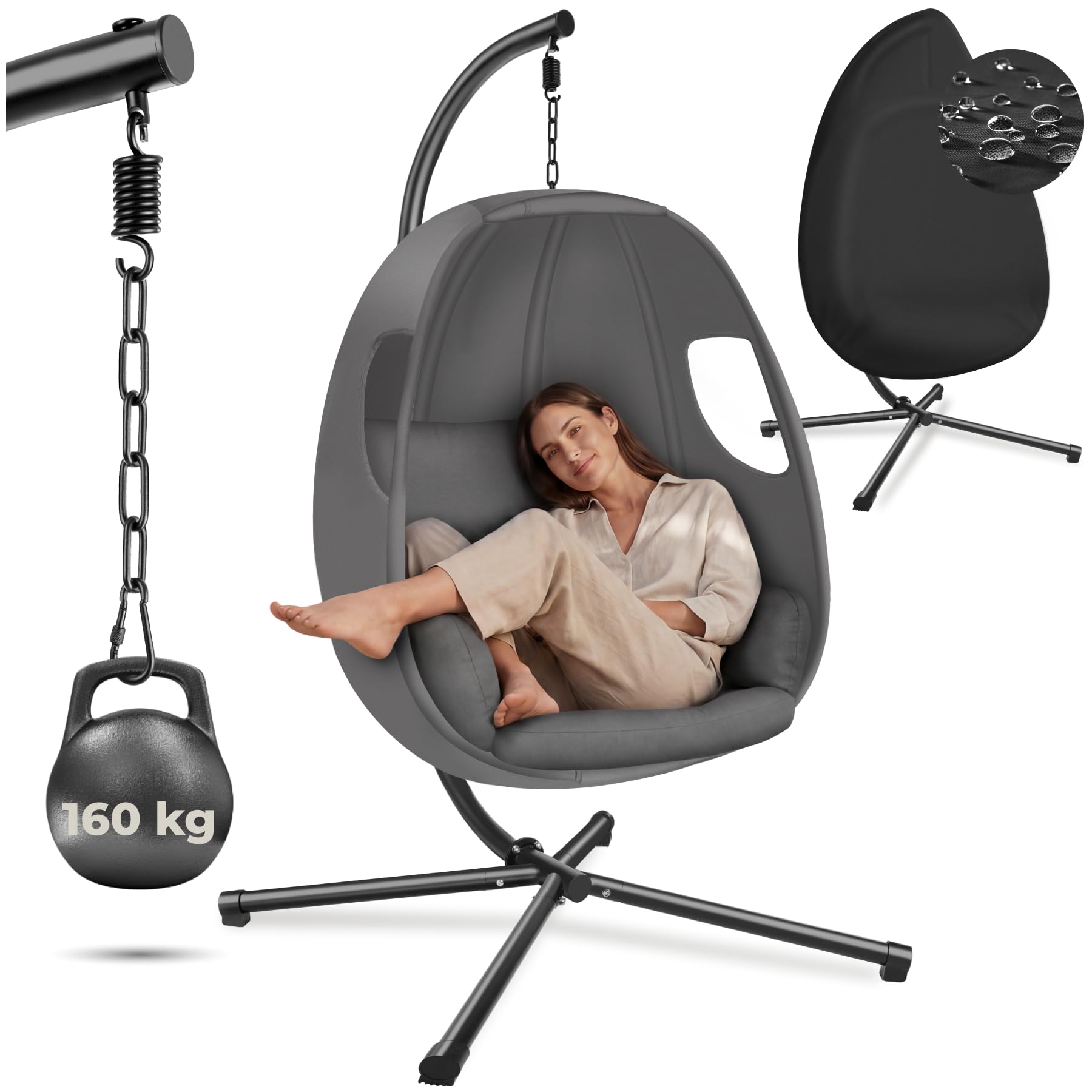 tectake® Hanging Chair with Thick Seat & Back Cushion, 360° Swivel Hammock with Steel Stand, 160 kg Load, Incl. Protective Cover, Weather-Resistant Egg Chair for Indoor & Outdoor Use - Anthracite