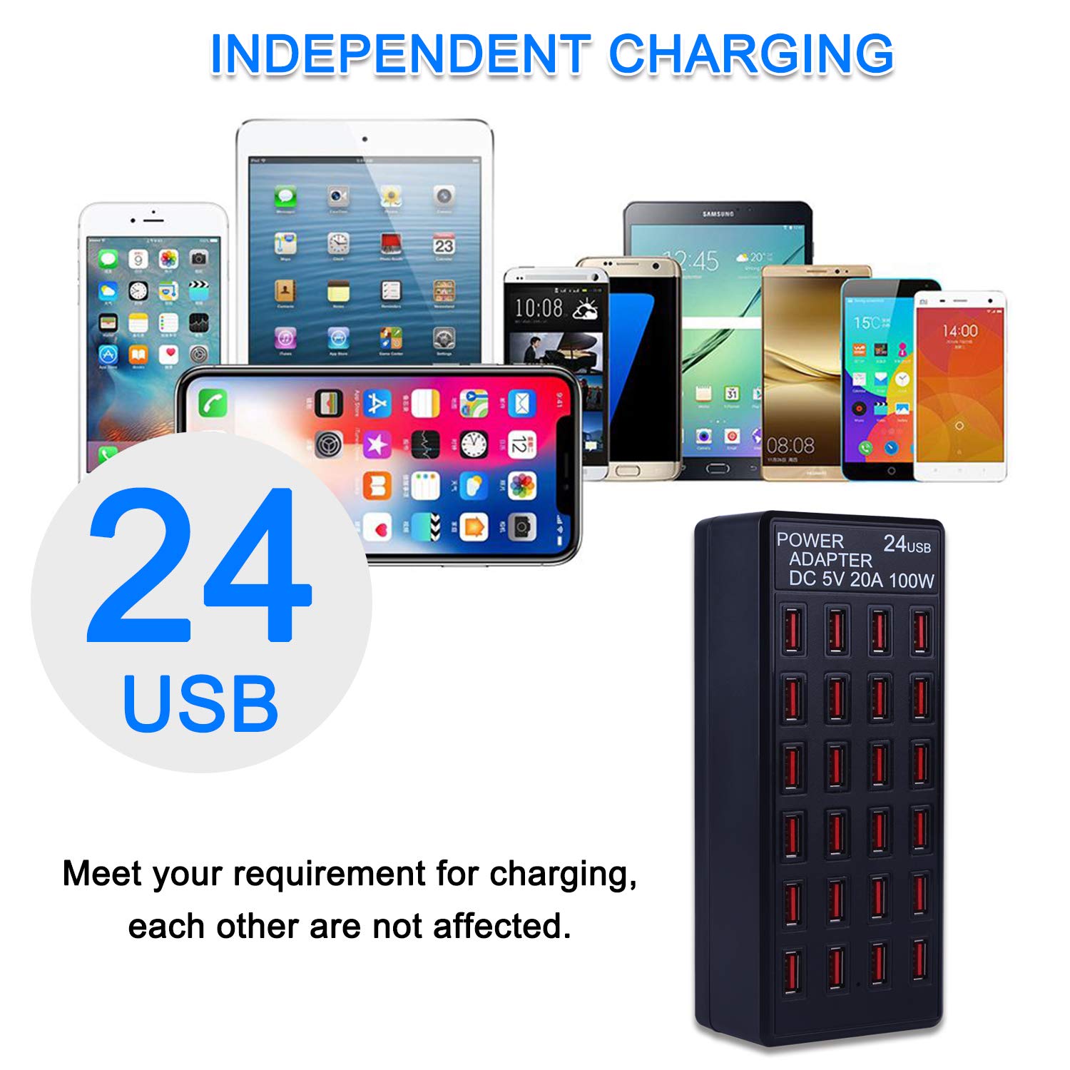 Kosiy 24-Port 100W (20 A) USB Charging Station, Home-Sized Desktop USB Fast Charger, Multiple USB Desktop Chargers for Hotels, Schools, Shops, Shopping malls and Travel (UL Certification)