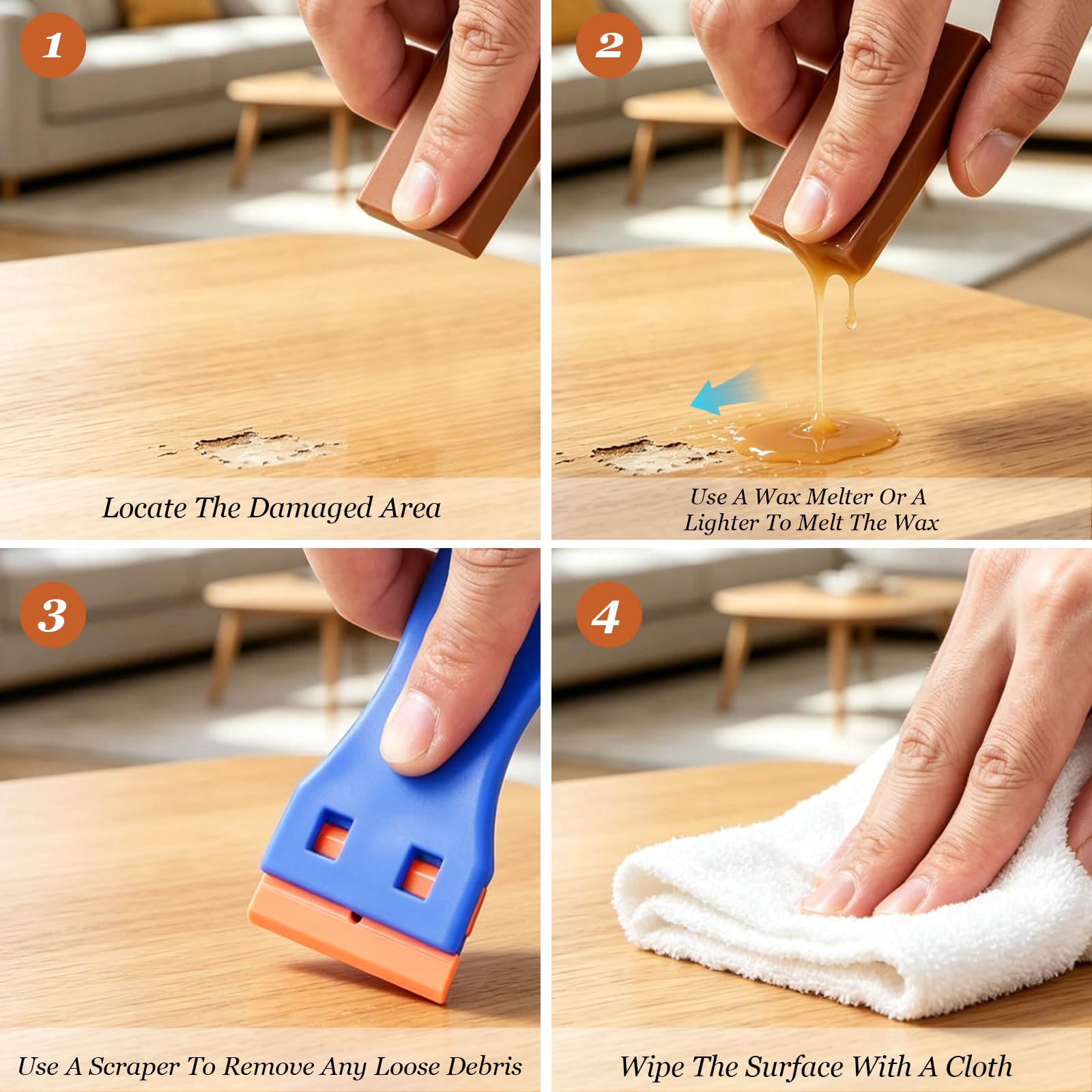 8 Pezzi Kit Riparazione Parquet, Kit di Riparazione Legno per Riparazione Graffi, 8 Bastoncini di Cera Colorata con Raschietto, per Piastrelle, Laminato in Legno, PVC, Vinile, Mobili, Parquet