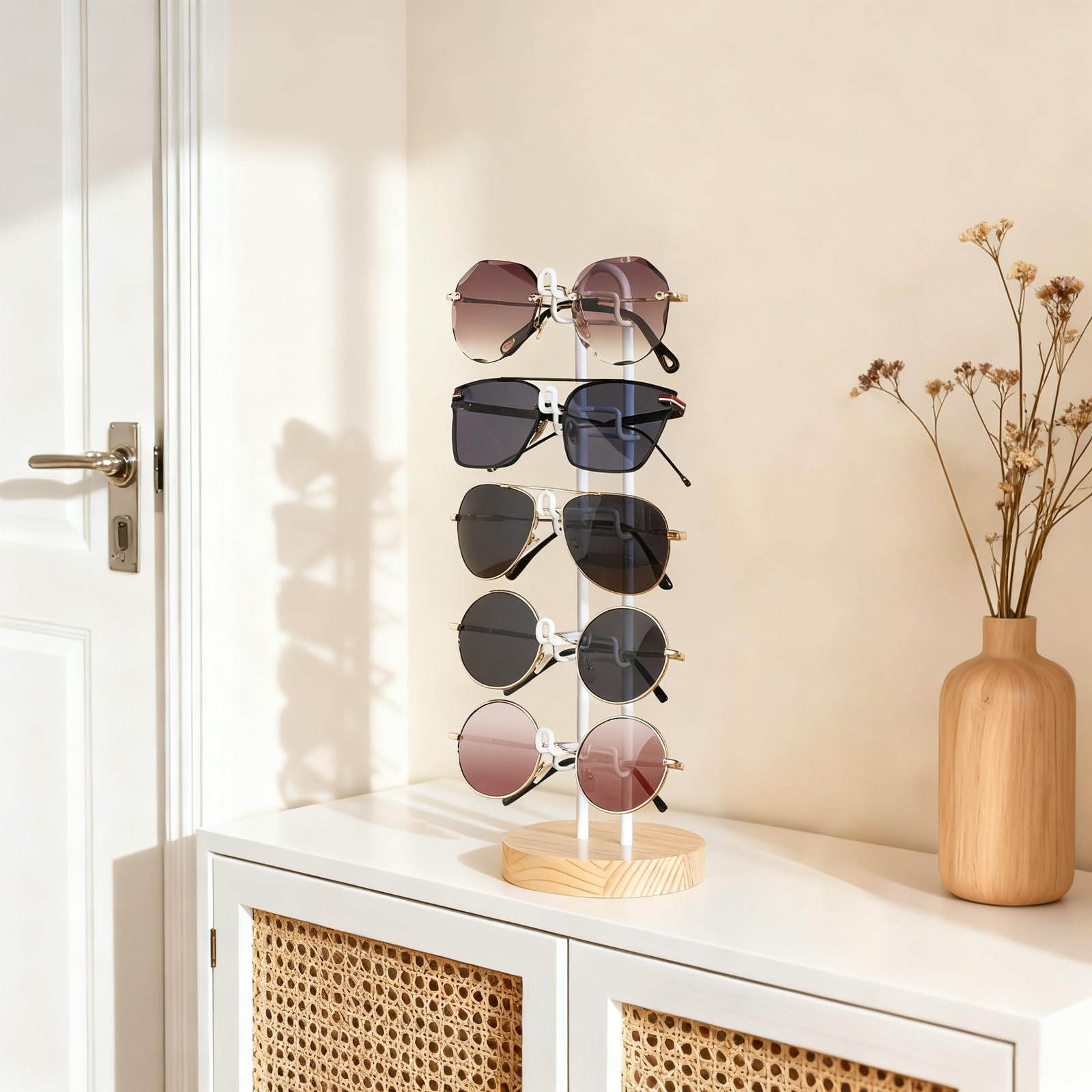 Mkono Sunglasses Organizer Glasses Holder Stand Sunglass Storage Eyeglasses Rack Metal Frame with Wood Base for 5 Pairs of Eyewear Display for Table Desk Countertop Dresser Bedroom, Set of 1, Gold: 1 Wood