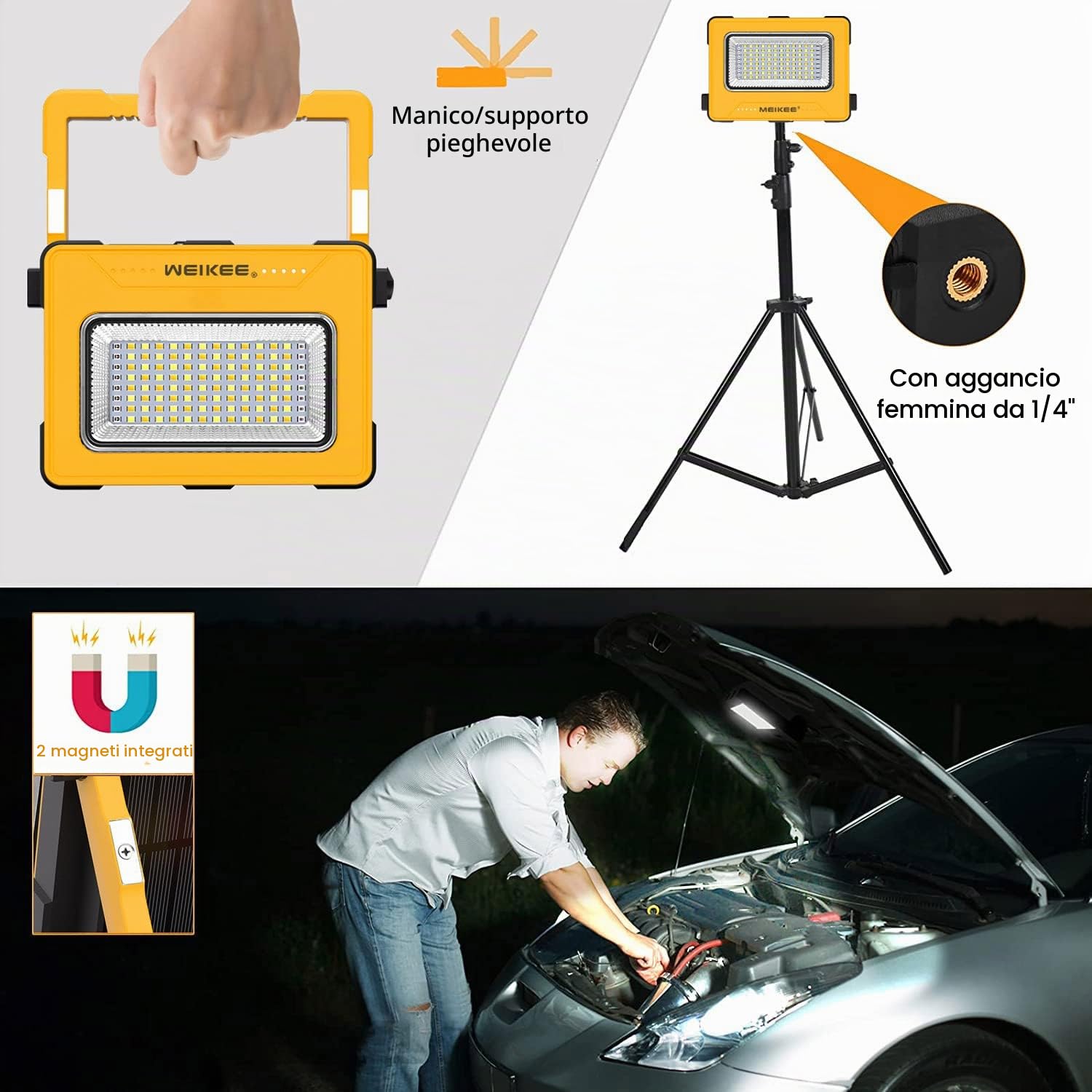 MEIKEE Faro LED Ricaricabile, Lampada da Lavoro Portatile con Cavo USB e Pannello Solare, 16 Modalità, Batteria 10000mAh, Power Bank, con 2 magneti, Luce da Campeggio per Cantiere Emergenza Pesca