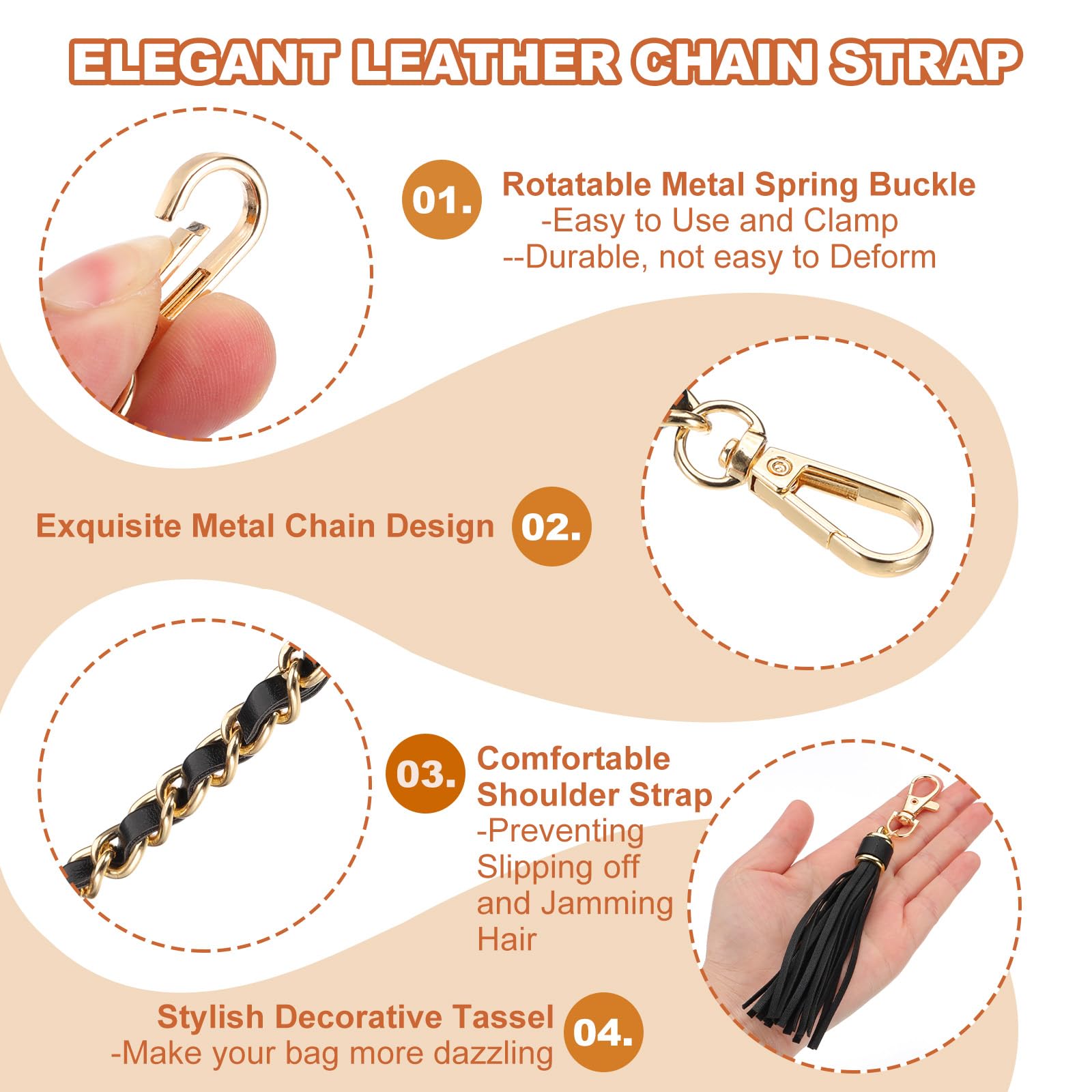 PATIKIL Purse Chain Strap, 24 Inch Leather Chain Strap Replacement with Tassel for Crossbody Bag Black/Gold - Image 3