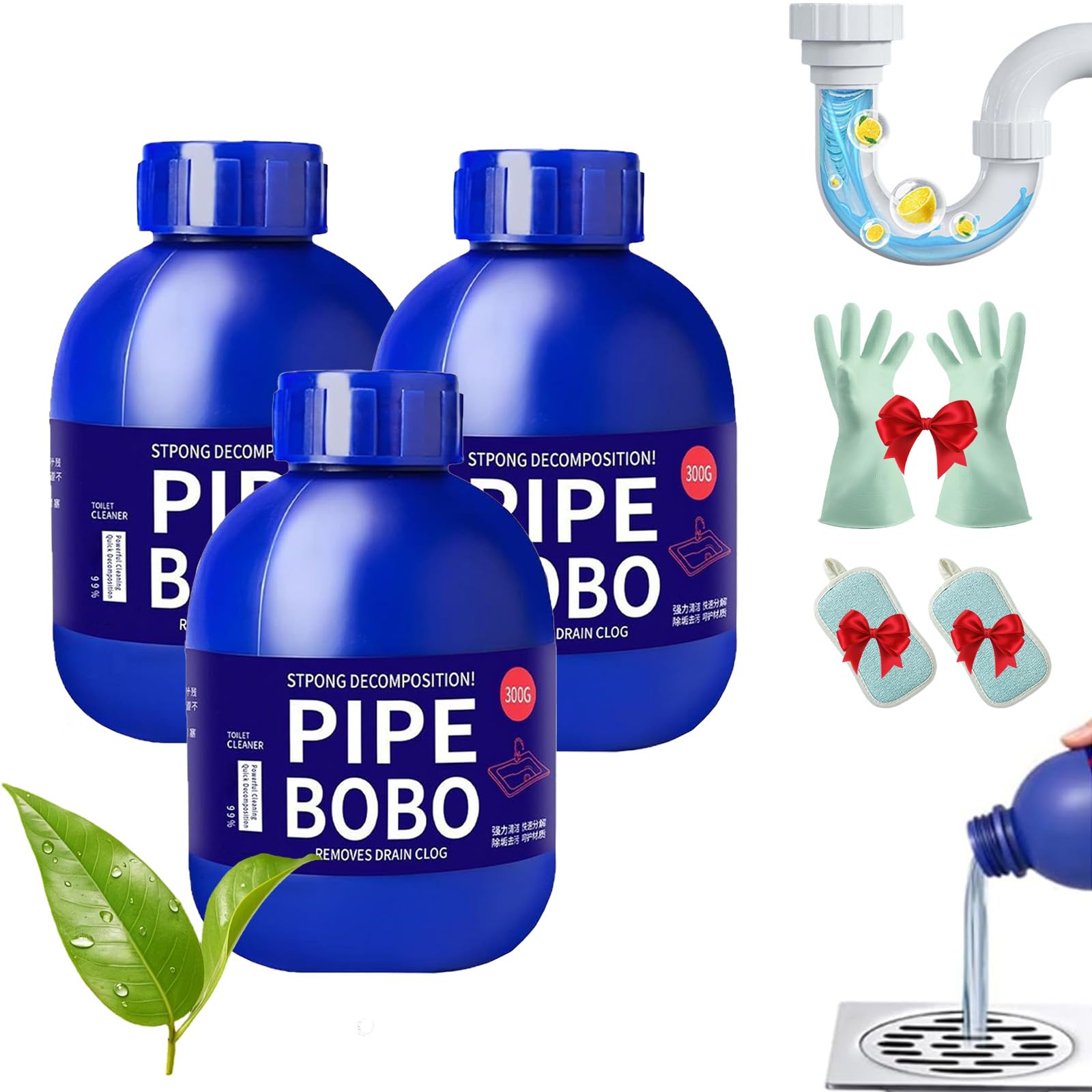 Pipe Bobo Cleaner, Pipe Bobo Rohrreiniger, Strength Drain Cleaner, Strength Pipeline Dredging Agent, Waschbecken- Und Abflussreiniger for Den Außenbereich, Küche und Toiletten (3pc)