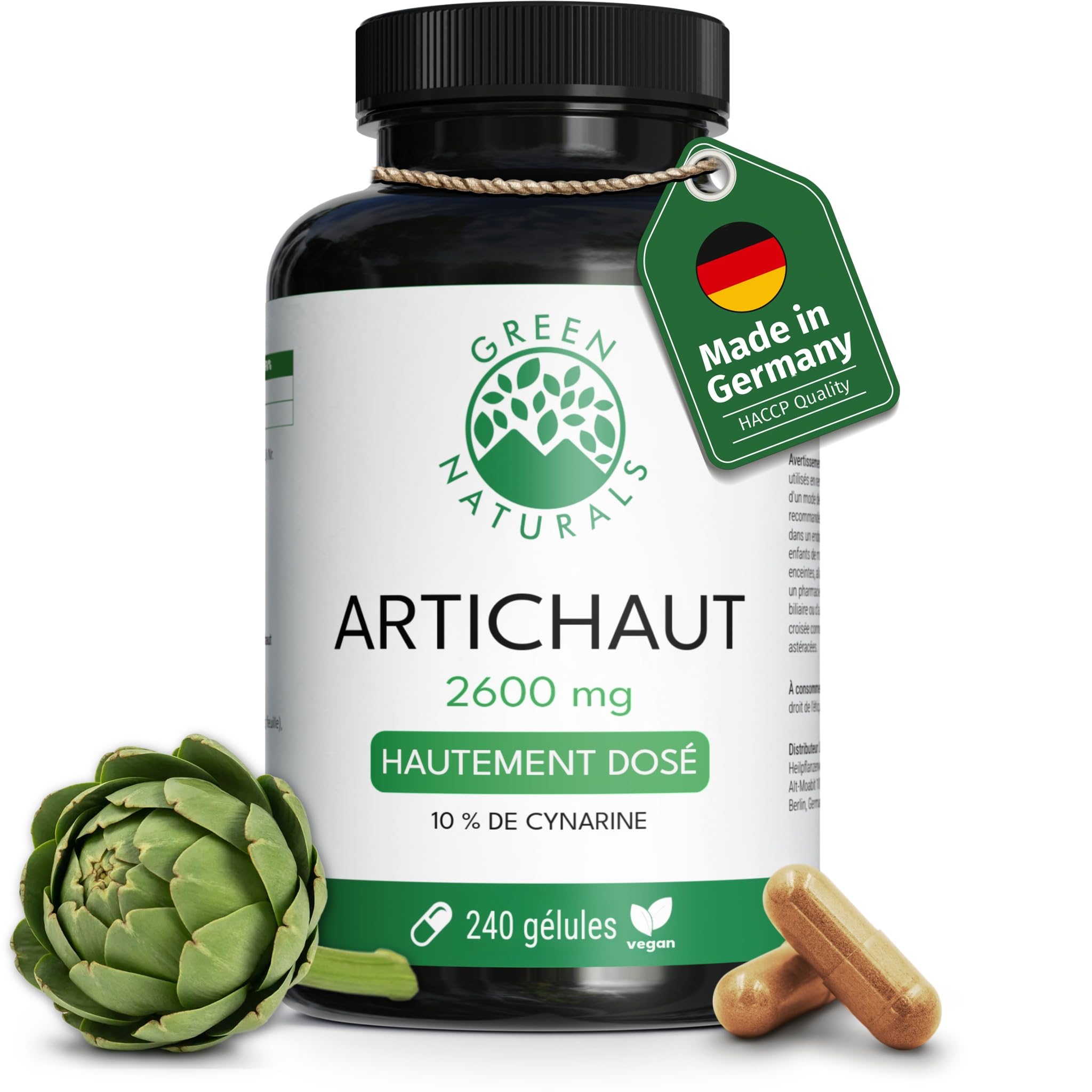 Green Naturals® Extrait d'artichaut - IMPORTANT: Extrait 40:1 (=104.000mg d'artichaut) avec 260mg de cynarine - 240 gélules