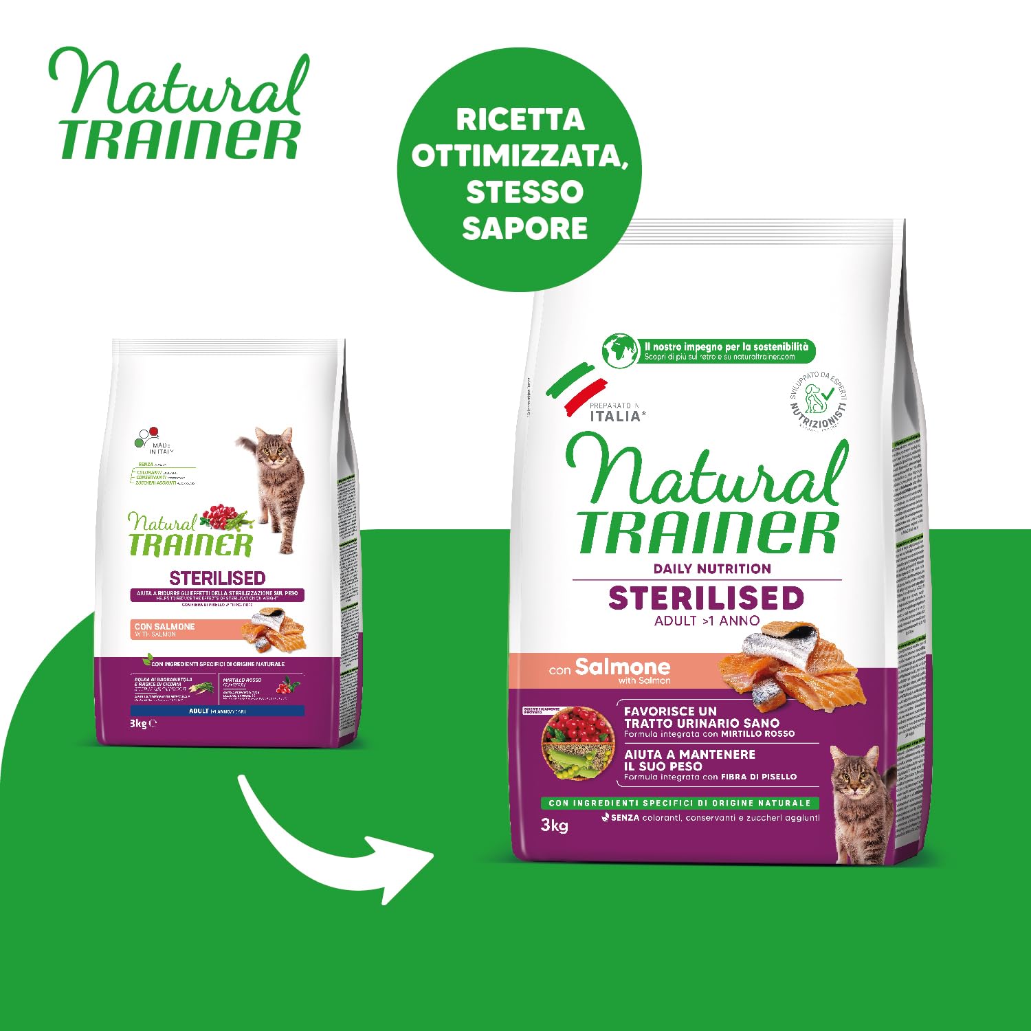Trainer Natural Sterilised Adult con Salmone e Fibra di Pisello 3 Kg, 3000 Gr