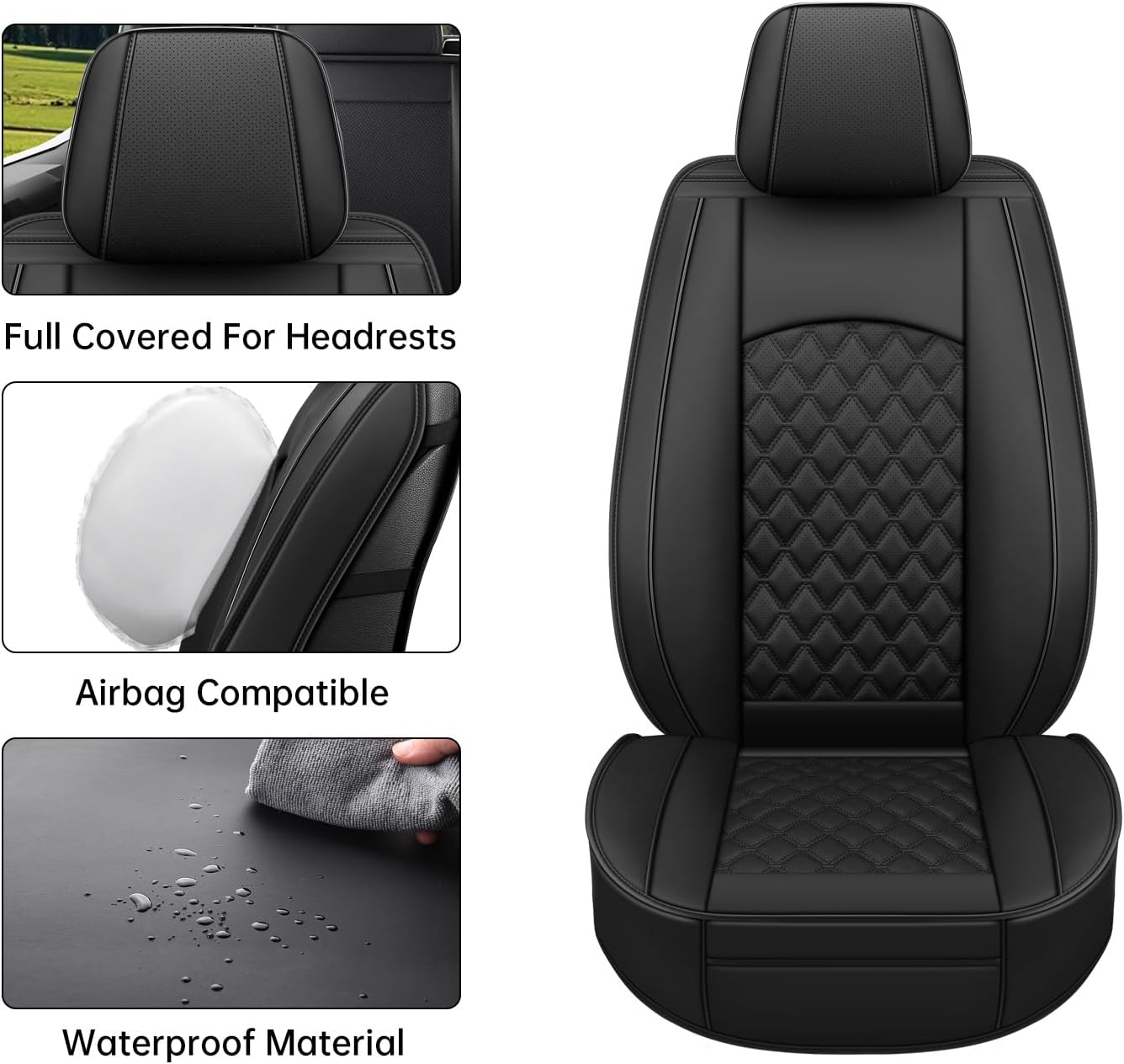 Faux Leather Car Seat Covers Set Fit for Chevrolet Silverado Collection Compatible with 2007-2025 GMC Sierra 1500 2500HD 3500HD in Black Automotive Interior Accessories (Black-Full Set)