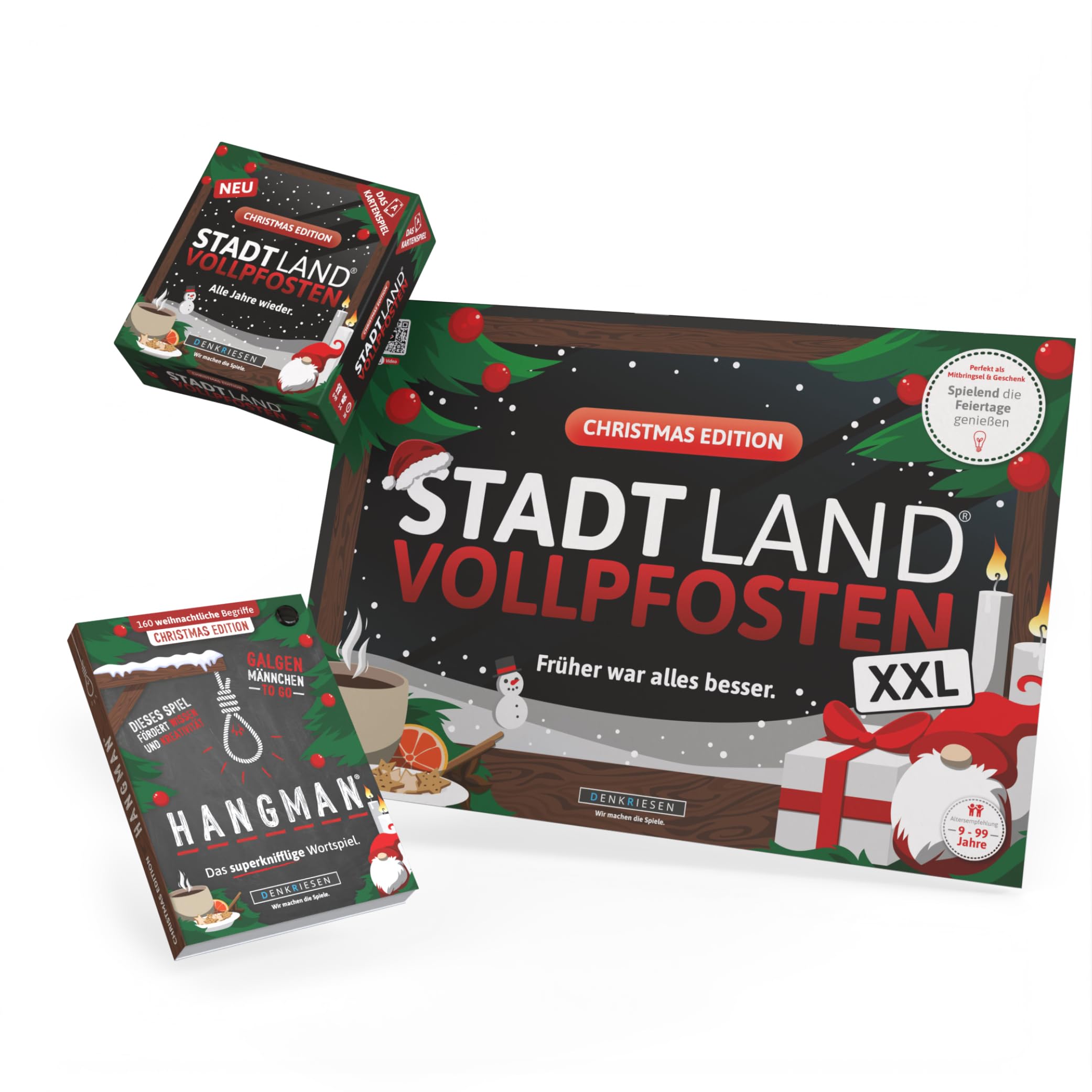 DENKRIESEN – Spar Set Santa Klaus Weihnachtsbundle – Stadt Land VOLLPFOSTEN A3 Block + Kartenspiel + Hangman Christmas Edition | Weihnachtsspiele für Familie & Freunde | Wichtelgeschenk