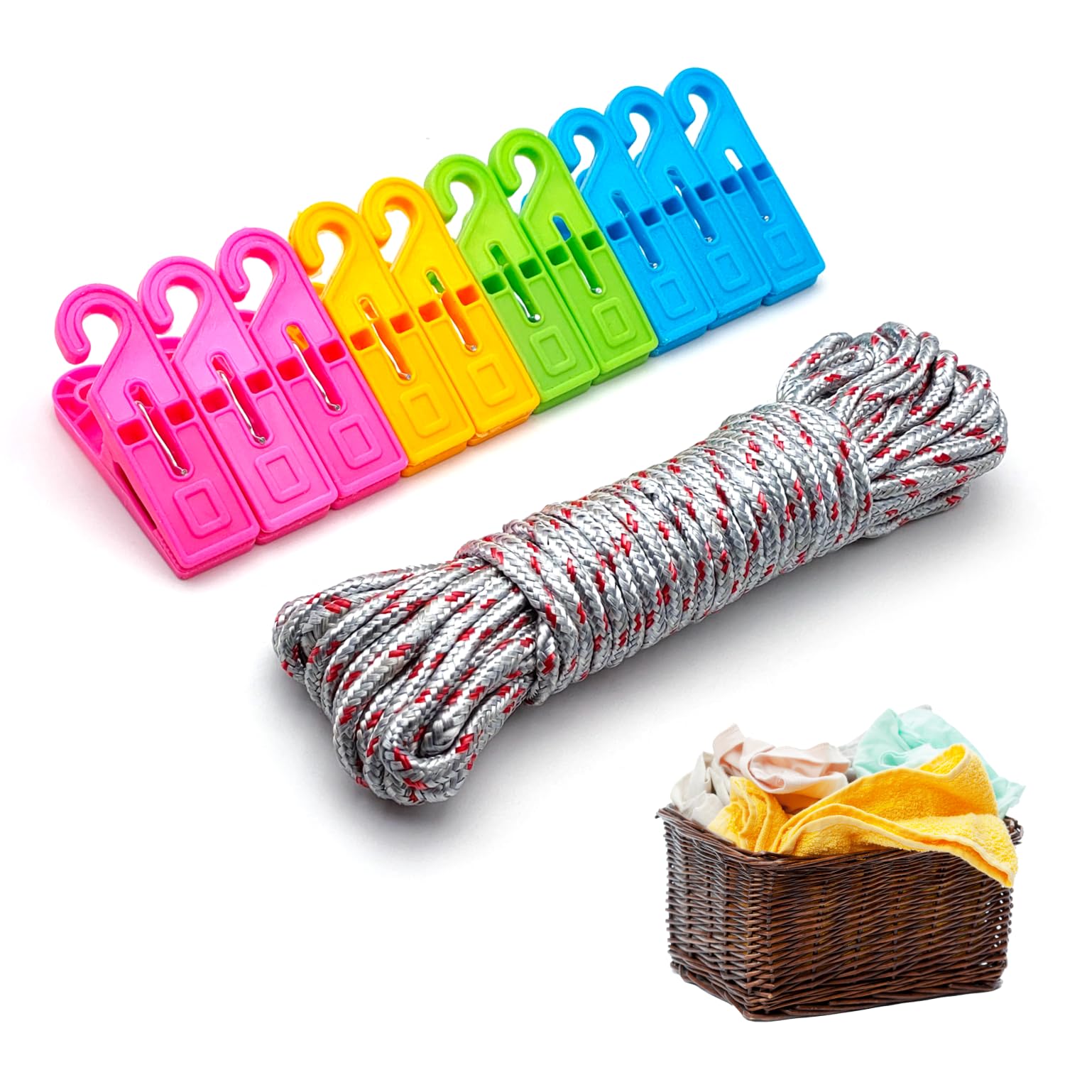10 m Coloured Nylon Rope + 10 Clips with Hook, Durable Laundry Line for Outdoor Indoor, Garden