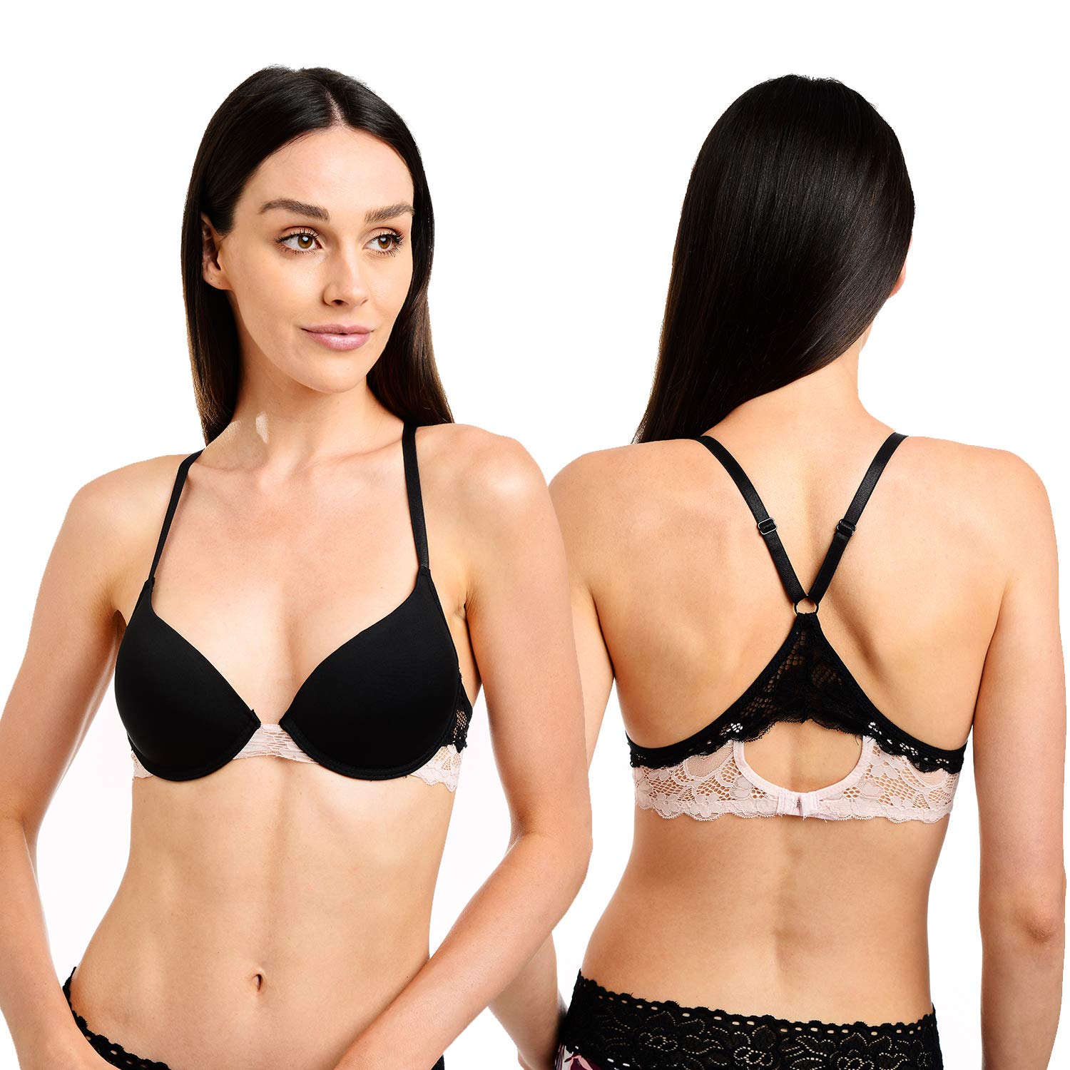 Catherine MalandrinoWomen's Micro Racerback Style T-Shirt Everyday Bra with Lace, 2 Pack, Black/Pink