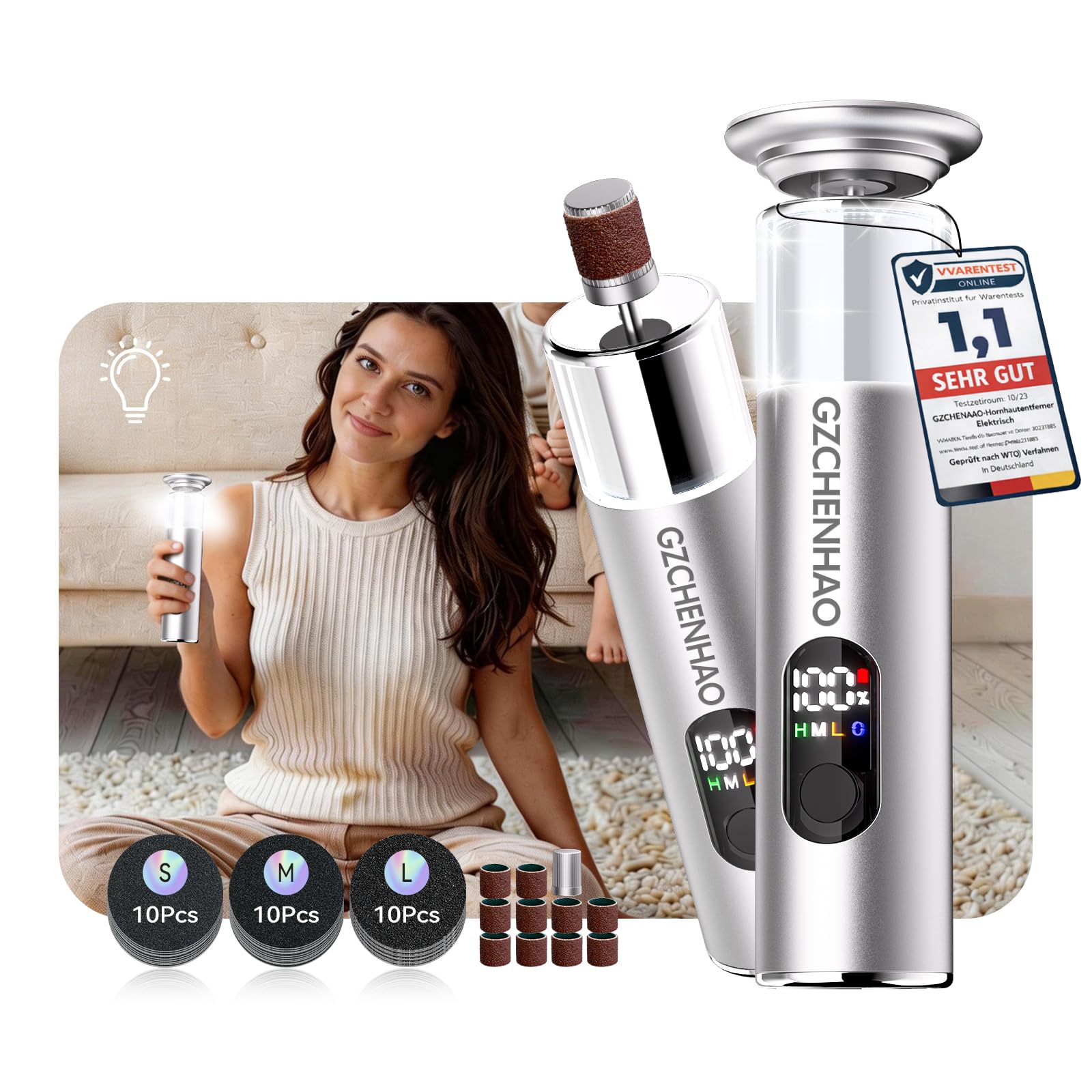 Eliminador de callos eléctrico 7 en 1 【nº 1 en eliminación de callos – certificado】 Eliminador de callos 【Con pantalla LED y luz integrada】Eliminación de callos con USB-C para el hogar, viajes (Sliver