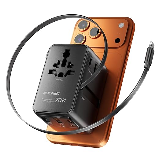 70W GaN Universal Travel Adapter, 6-in-1 Foldable International Wall Charger with Retractable Cable, USB-C PD Fast Charging for Laptop/Phone for US/EU/UK/AU Over 200 Countries