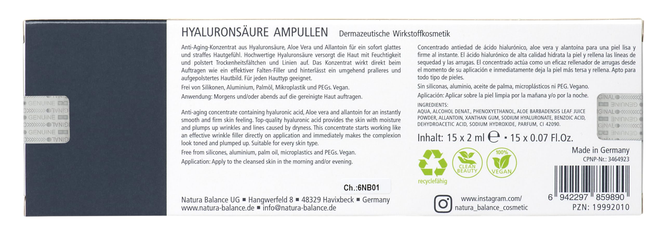 Hyaluron Ampullen 60 Stück a 2ml Serum Hyaluronsäure vegan Gesicht Anti Falten Made in Germany