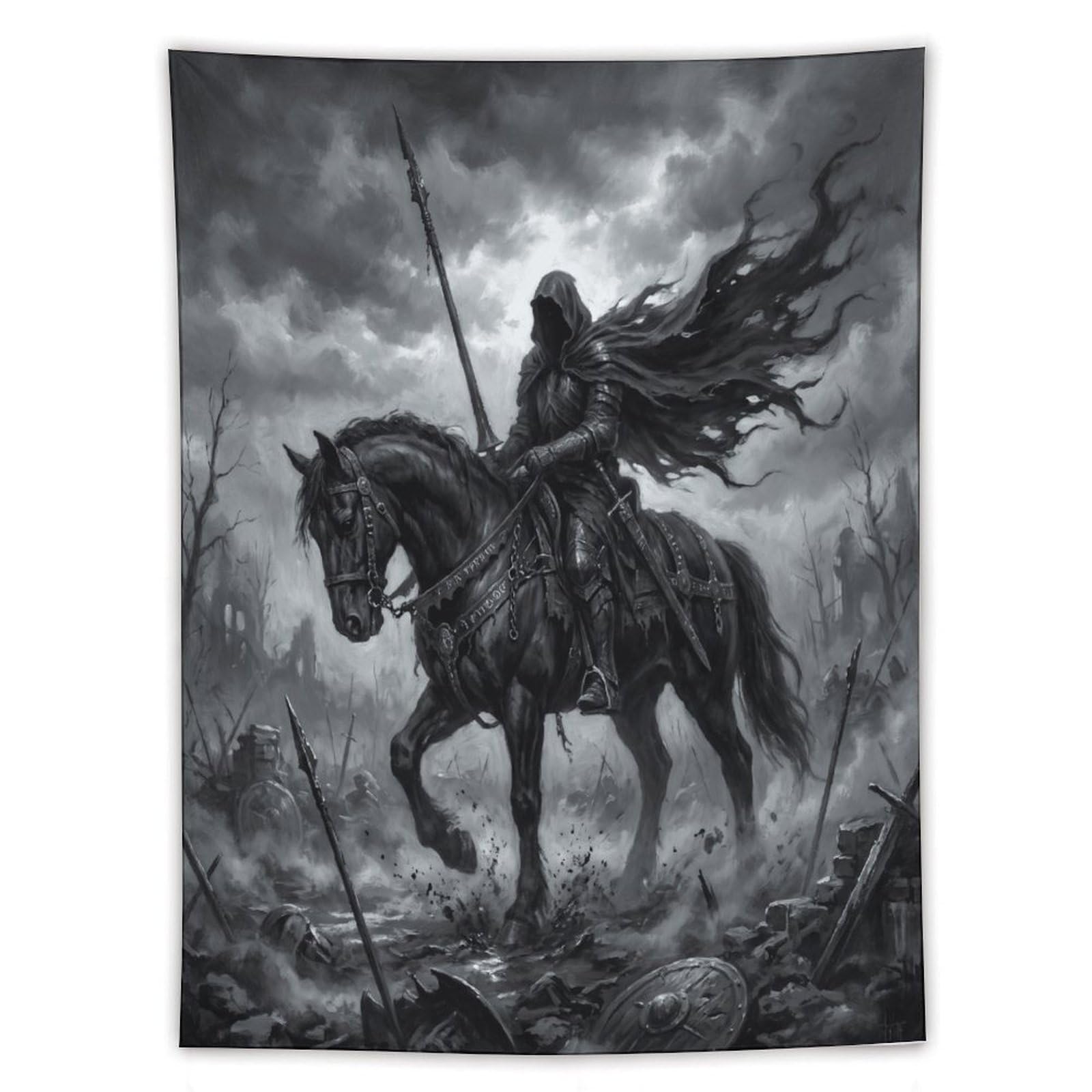 W7C8U2X3 Battlefield Horseman Wall Tapestry, Dark Horse Rider